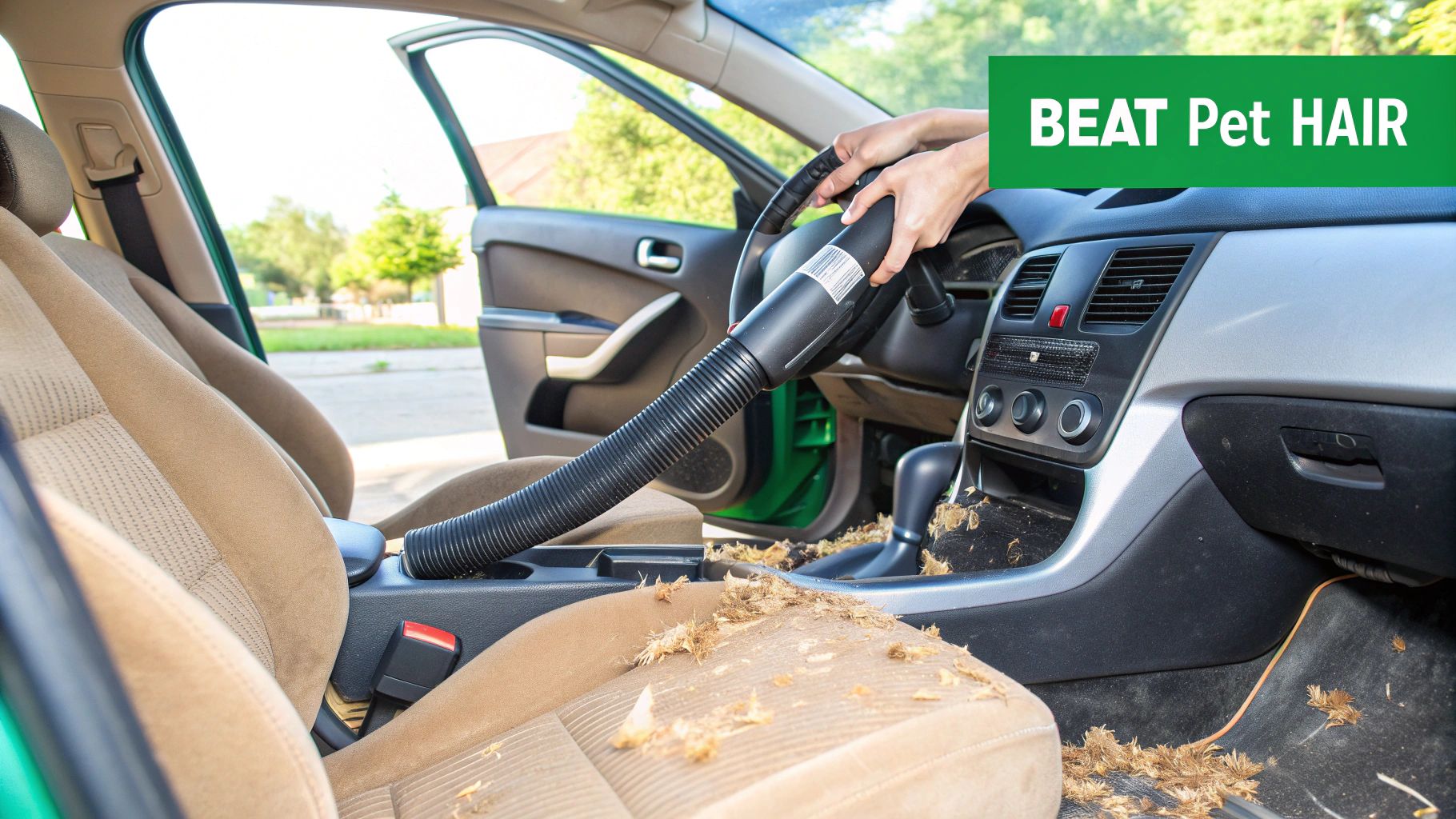 A golden retriever looking out the back window of a clean car, showcasing a pet-friendly but hair-free interior