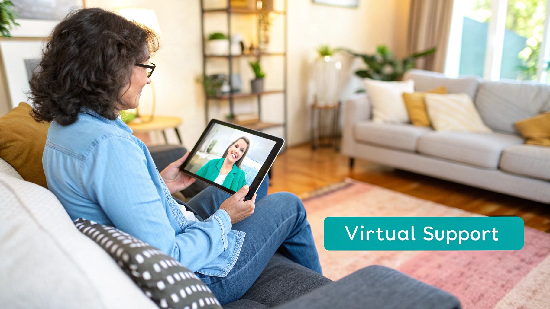 A person sitting on a couch and using a laptop for a virtual therapy session.