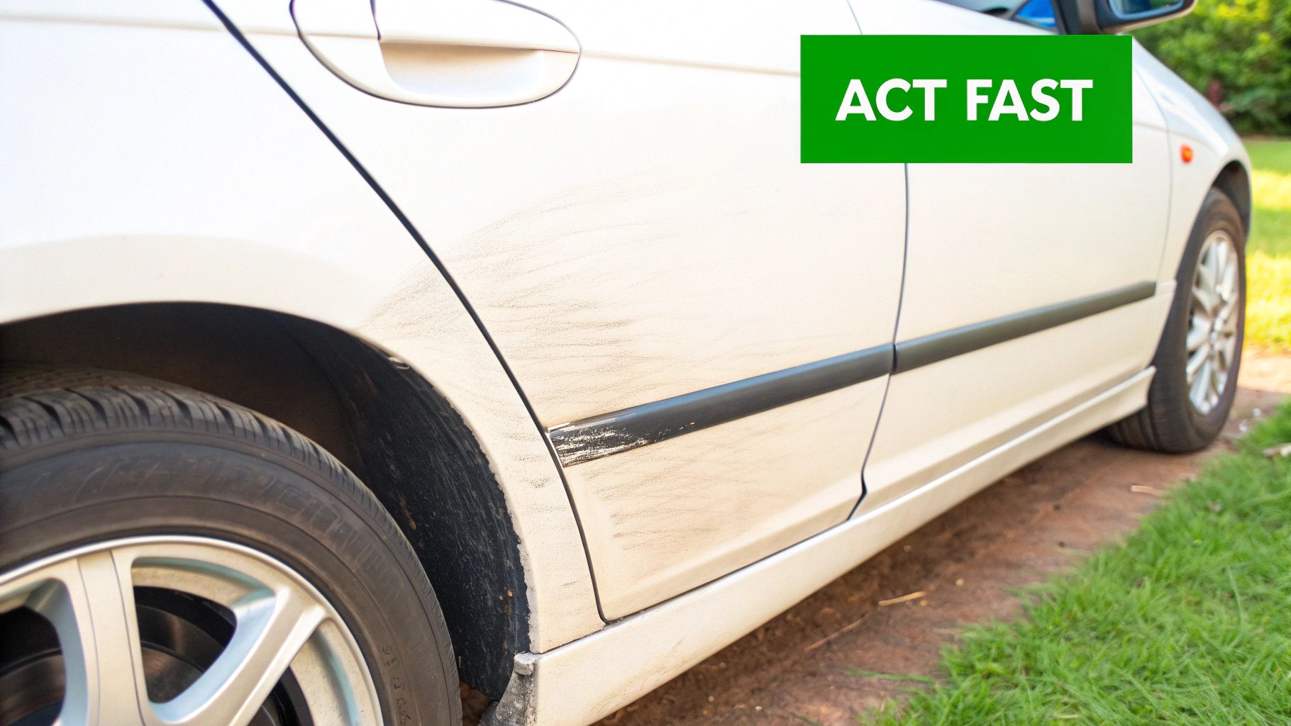 A close-up of a car's side panel showing a scuff mark being examined before buffing.