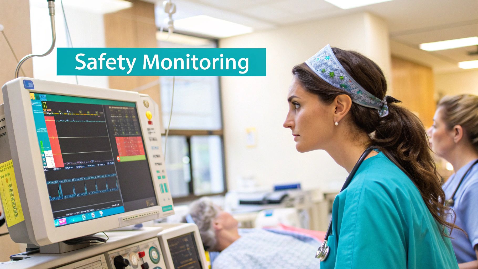 Medical professional monitoring a patient receiving an IV infusion in a calm, clinical setting.