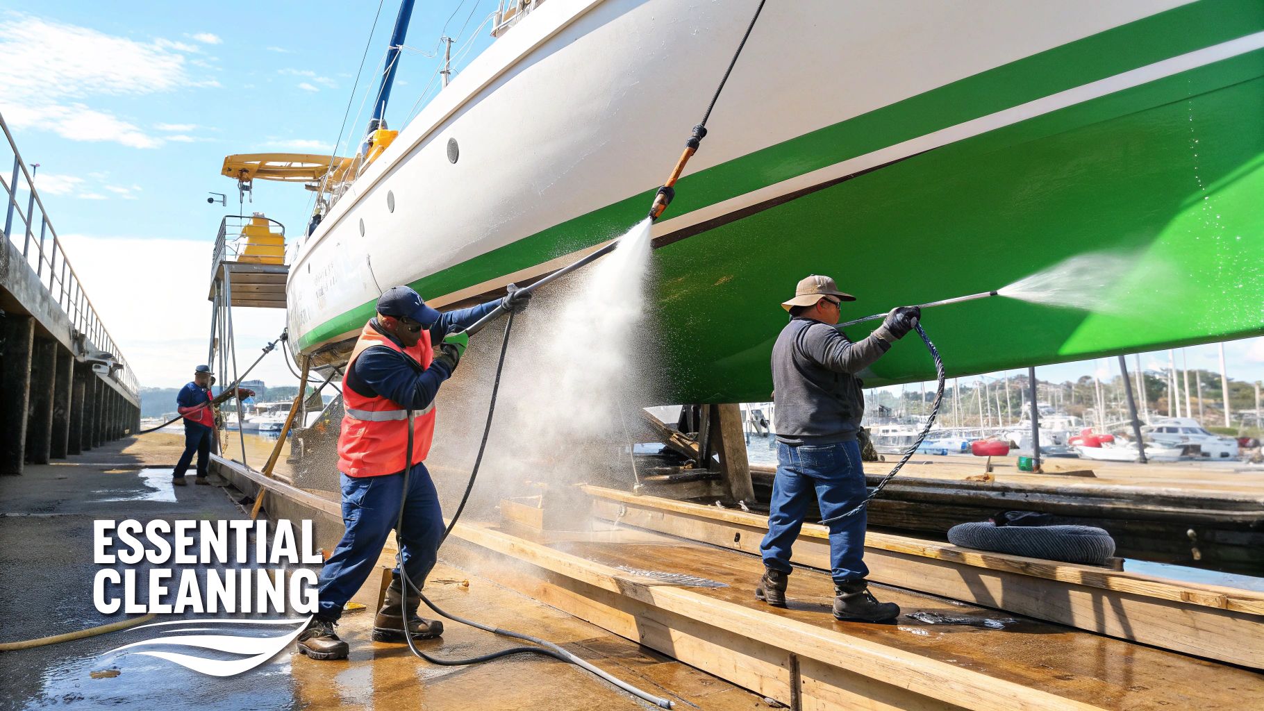 An organized collection of boat detailing products, including spray bottles and microfiber towels, ready for use on a clean boat deck.