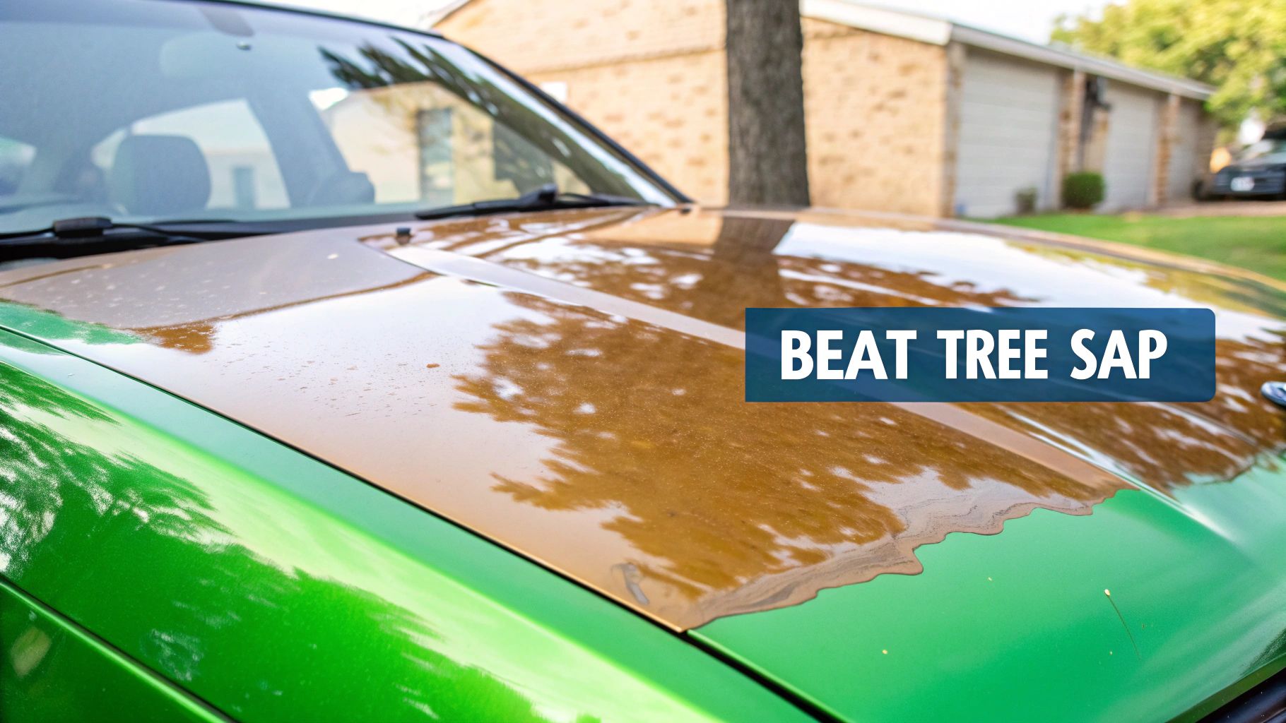 A close-up shot of a dark-colored car with a fresh, amber-colored drop of tree sap on the hood, glistening in the sun.