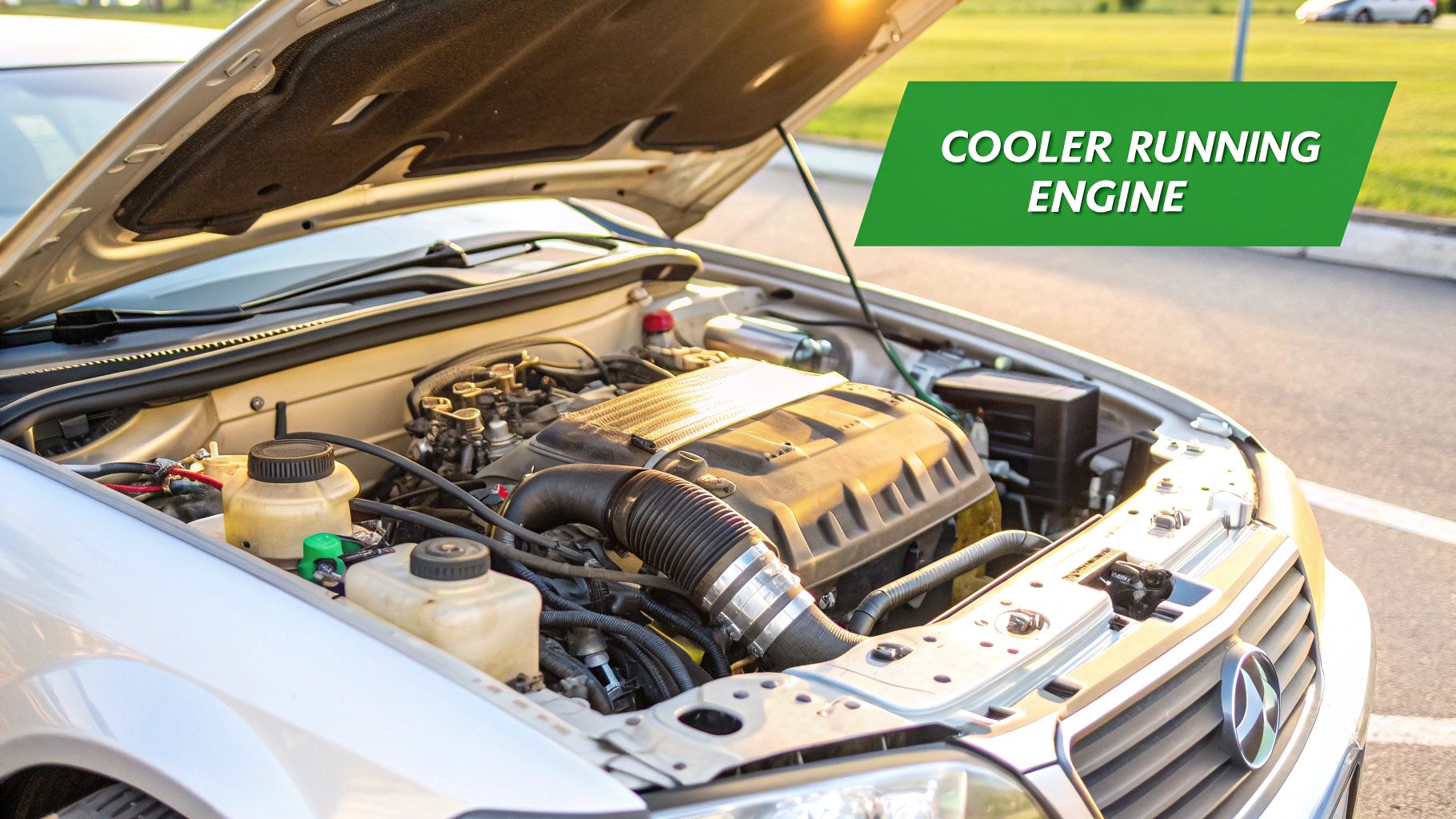 A pristine, professionally cleaned car engine bay, highlighting the intricate details of the components.
