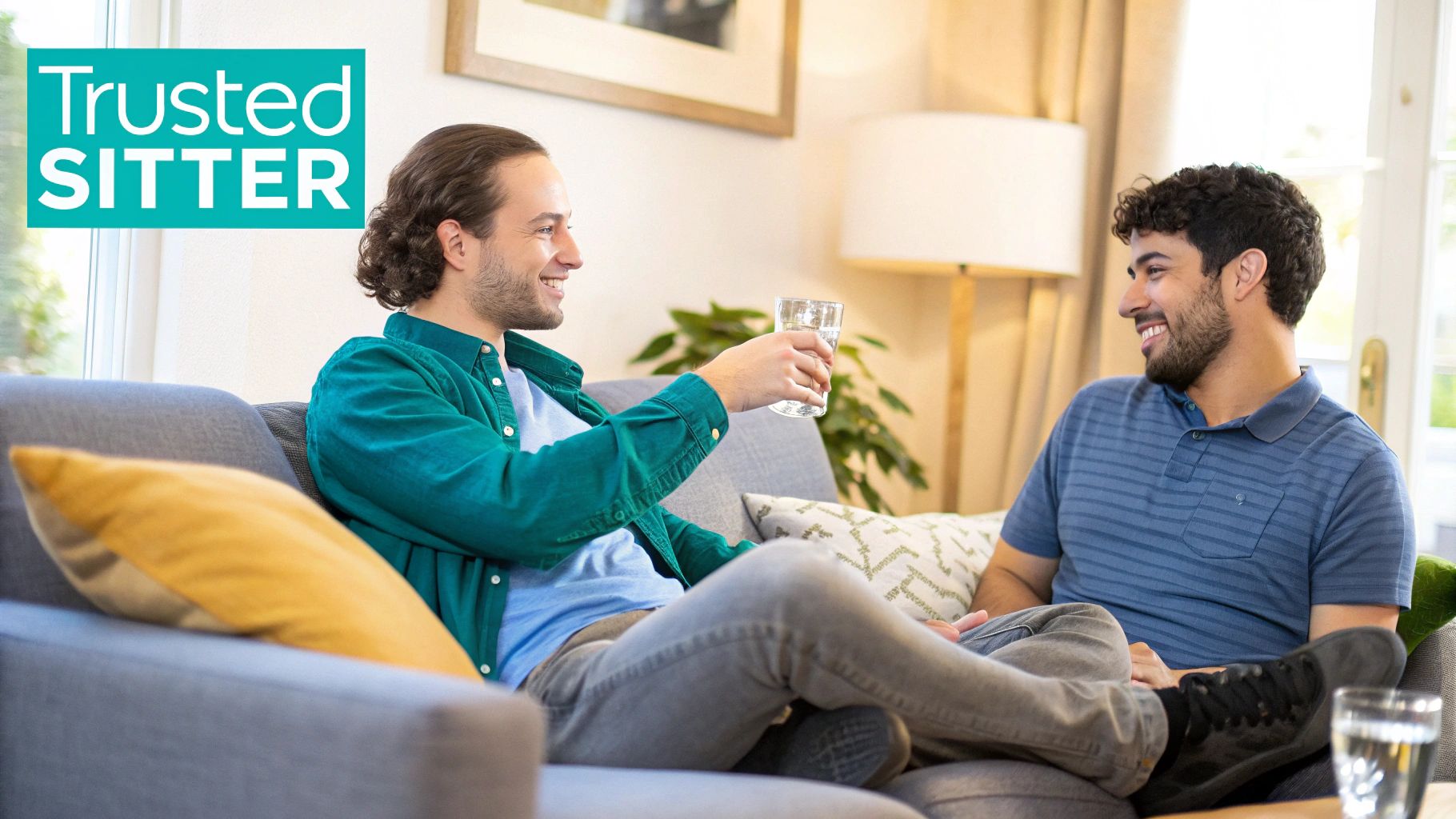 Two friends sitting on a comfortable couch, one calmly listening as the other talks, creating a supportive atmosphere.