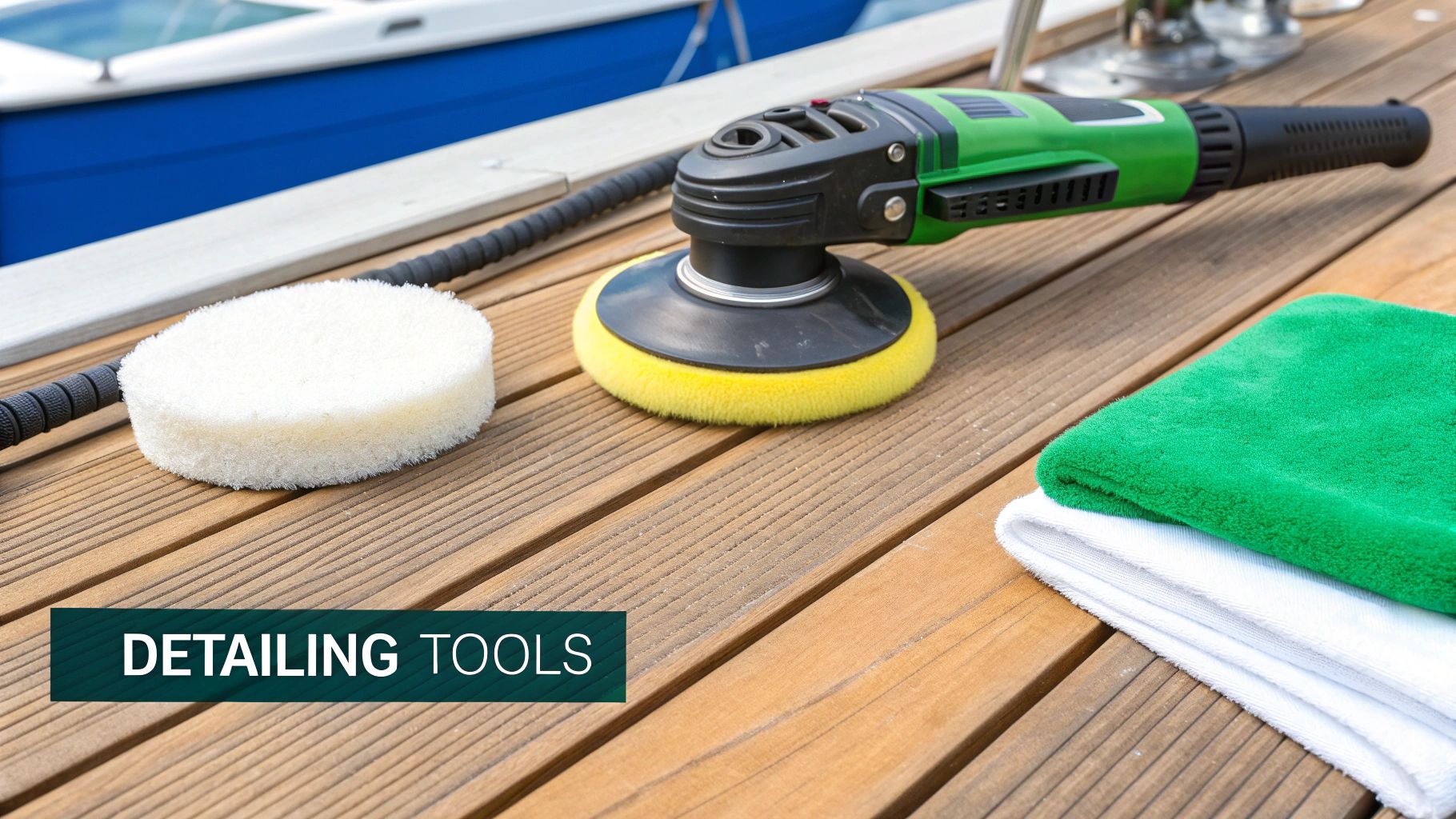 A person in blue gloves applying a ceramic coating to the side of a boat, creating an ultra-glossy, reflective surface.