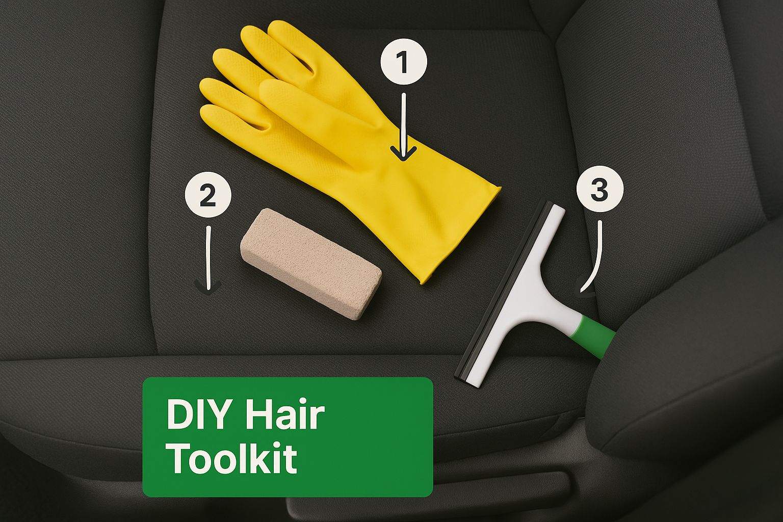 Infographic showing DIY tools like rubber gloves, a pumice stone, and a squeegee laid out on a car seat with the text 'DIY Hair Toolkit' at the bottom.