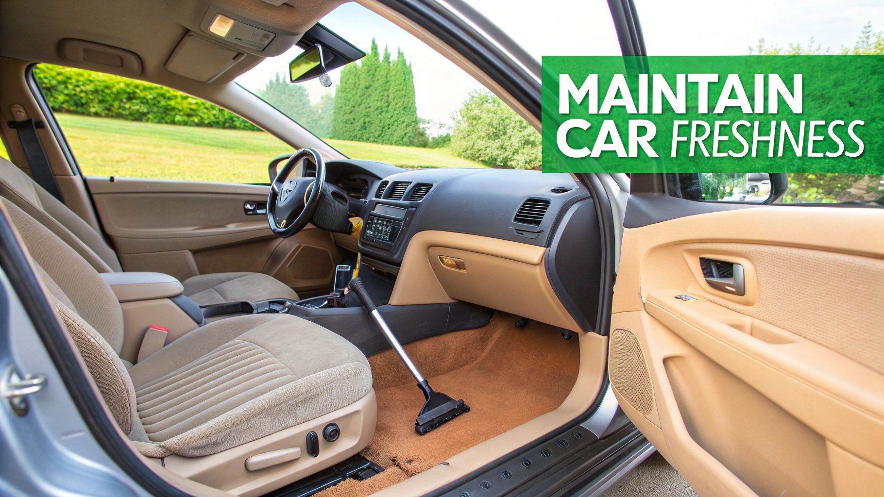 A clean and fresh car interior, showcasing well-maintained seats and floor mats.