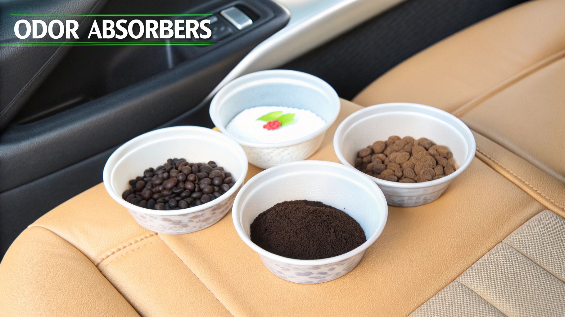 Activated charcoal pieces placed in a small bowl inside a car to absorb odors.