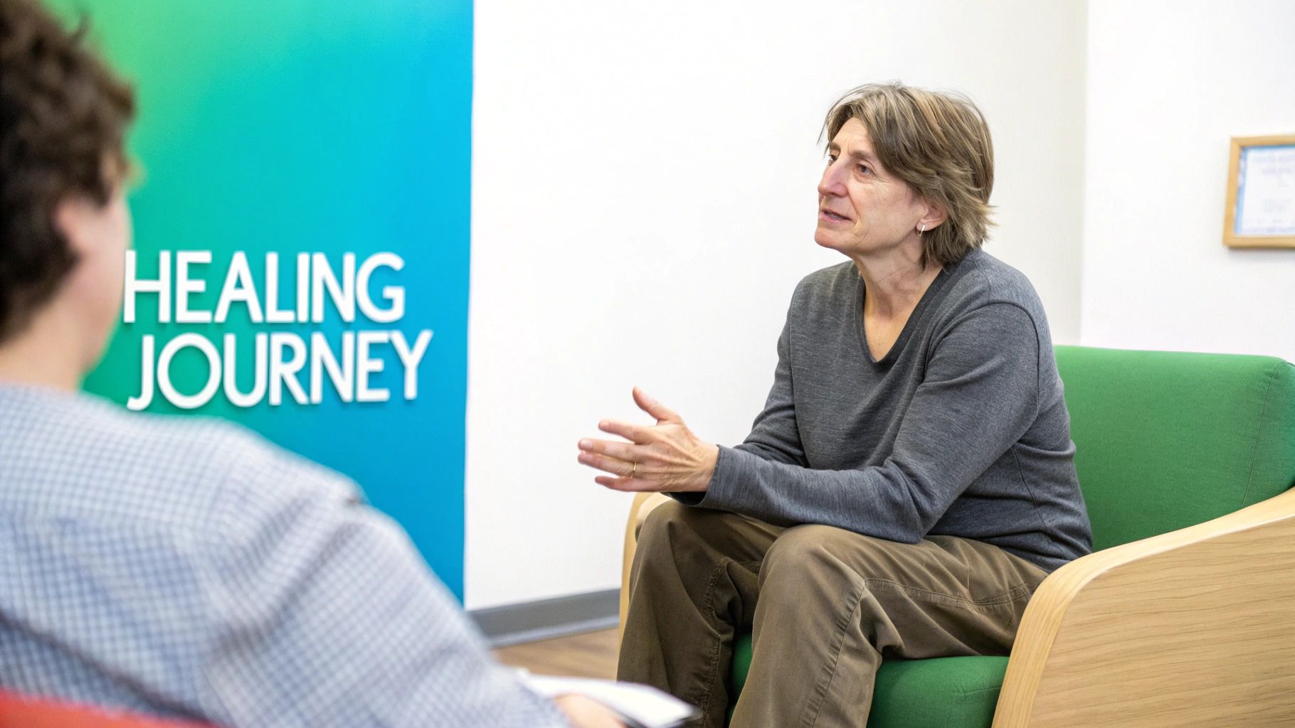 A person journaling in a bright, hopeful setting, symbolizing the start of active processing and healing.