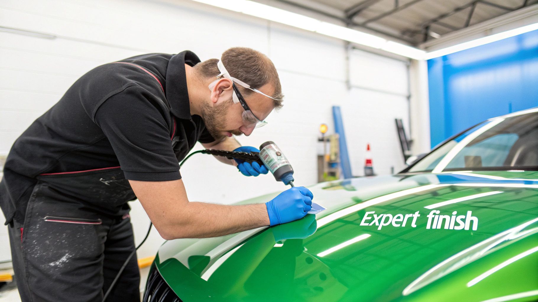 A person's hands holding a smartphone, displaying a five-star review on the screen.