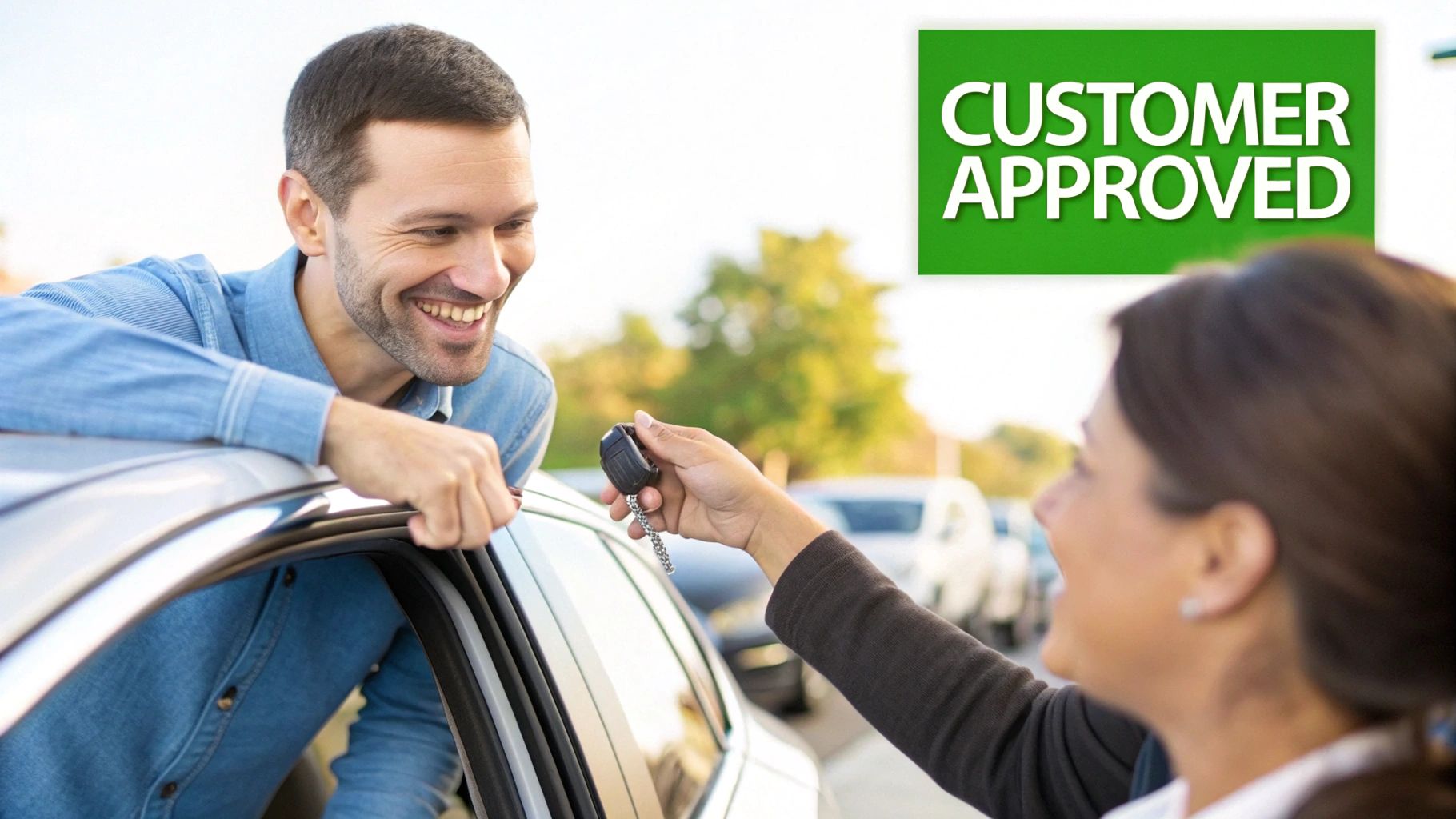 A person pointing out a small scratch on a car door to a professional detailer.