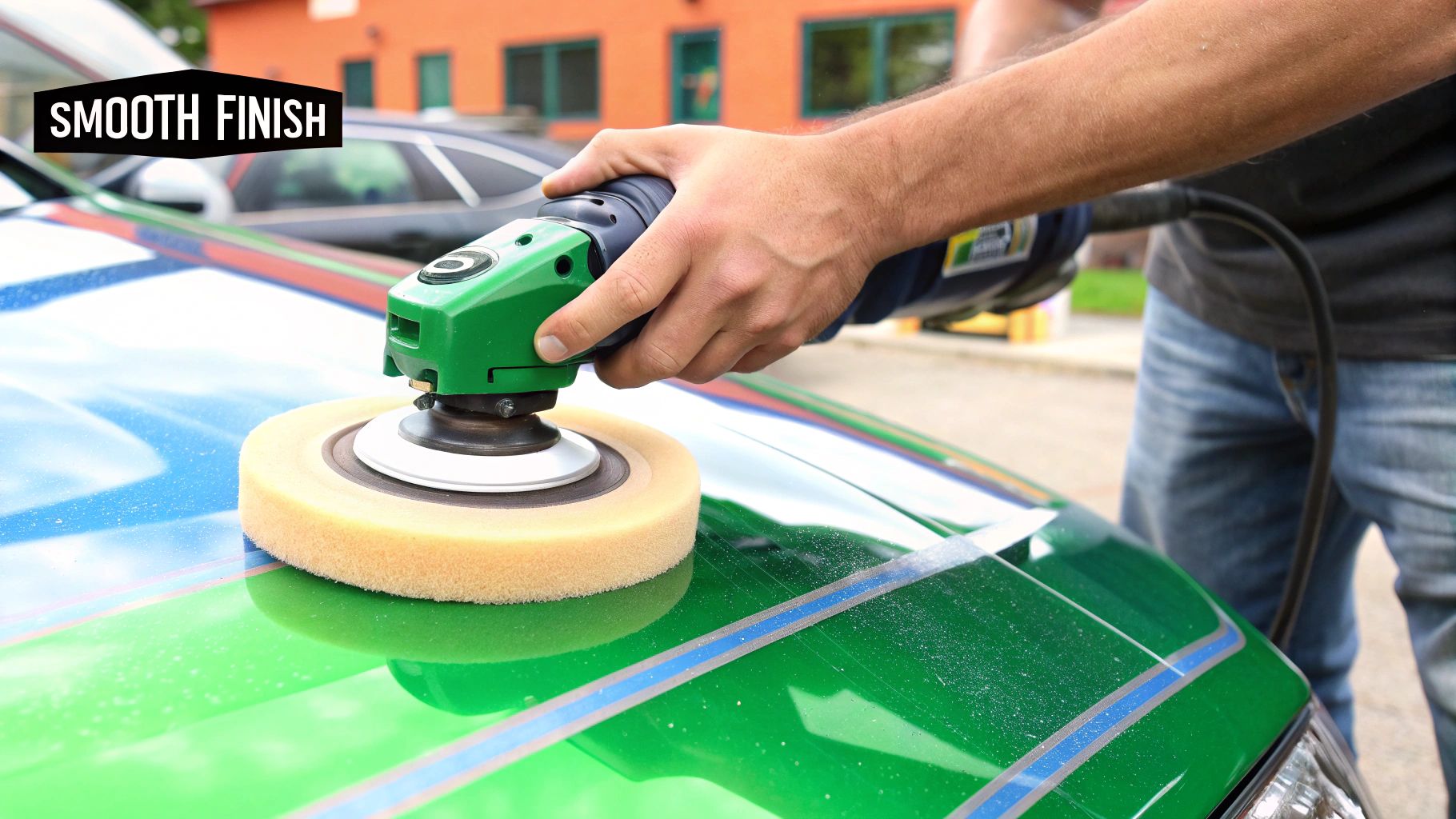 A detailer carefully buffing out a scuff mark on a car's painted surface.