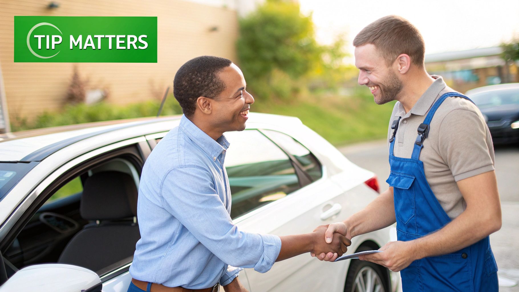 A satisfied customer shaking hands with a Florida Sudz mobile detailer next to a sparkling clean car.