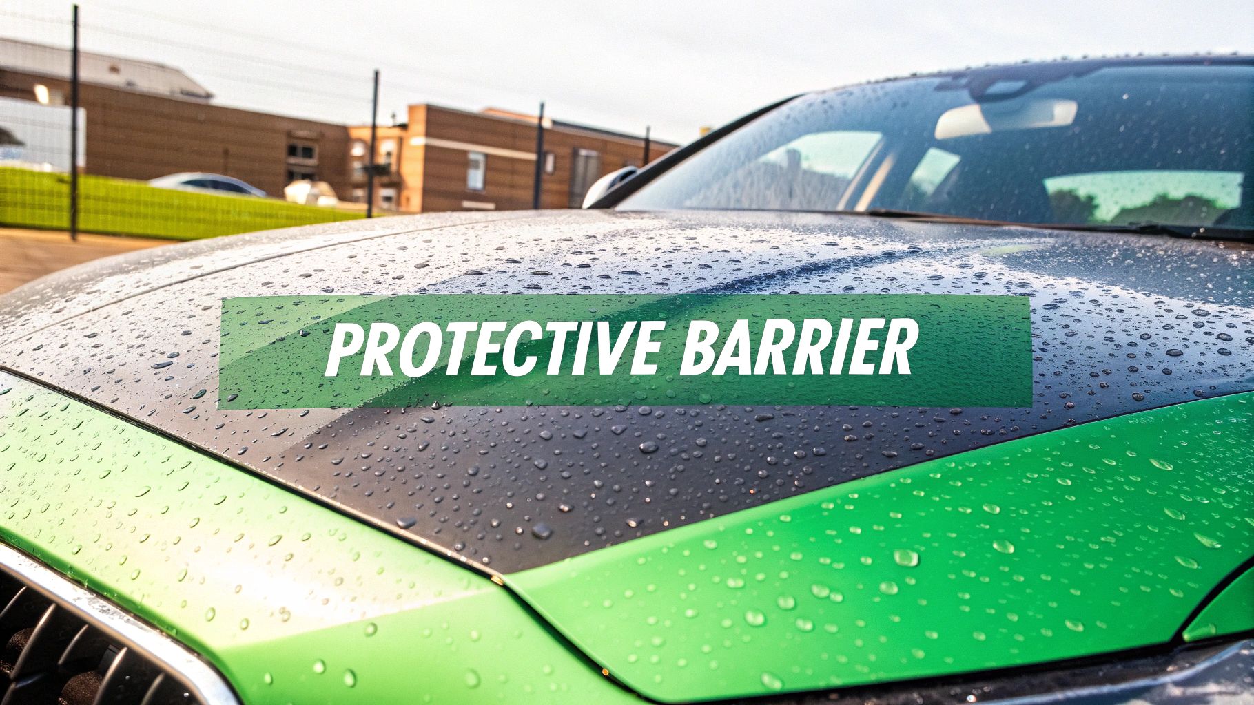A shiny, dark gray car with a hydrophobic ceramic coating, showing water beading up and rolling off the surface.