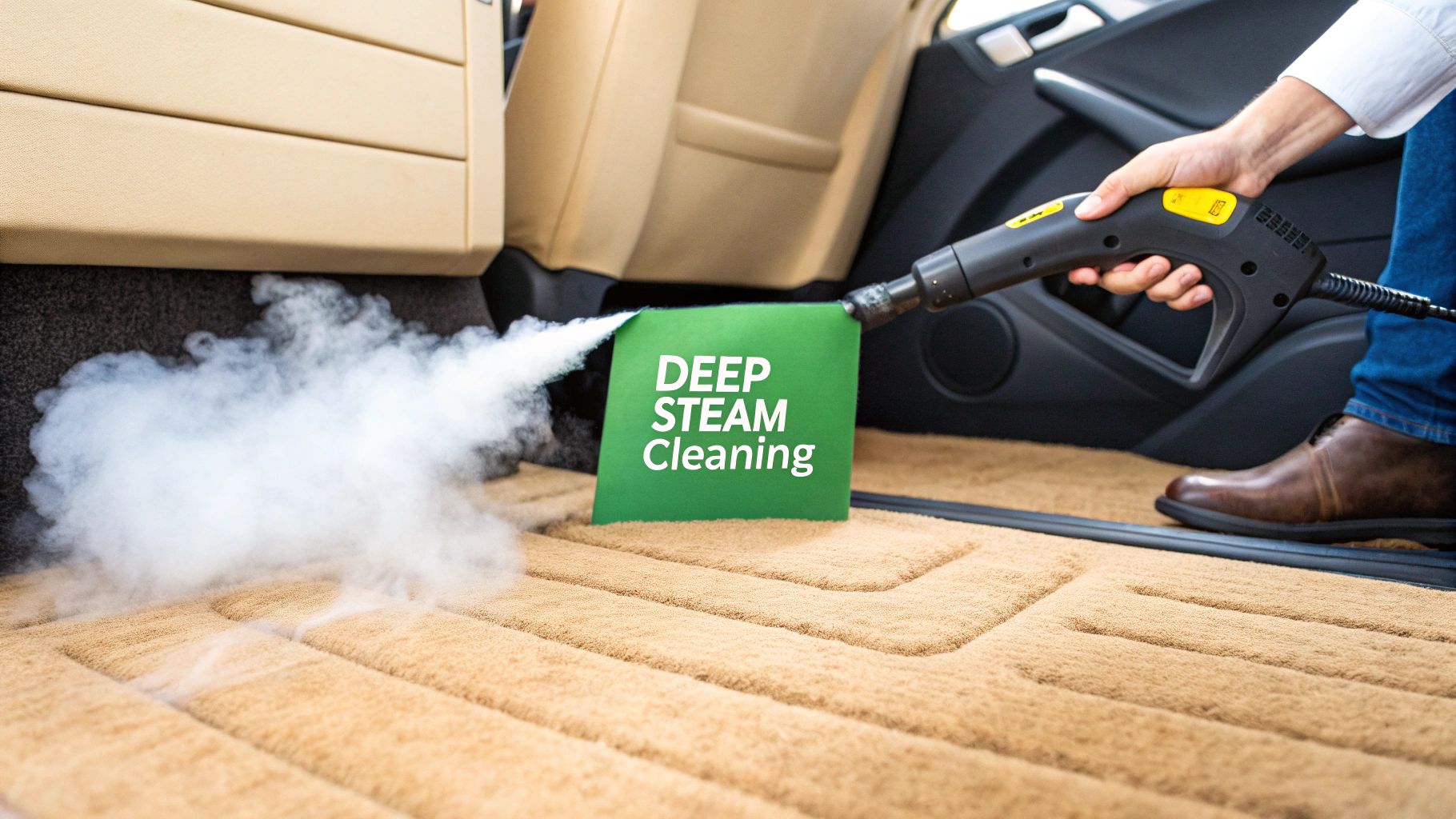 A professional detailer steam cleaning the interior of a car.