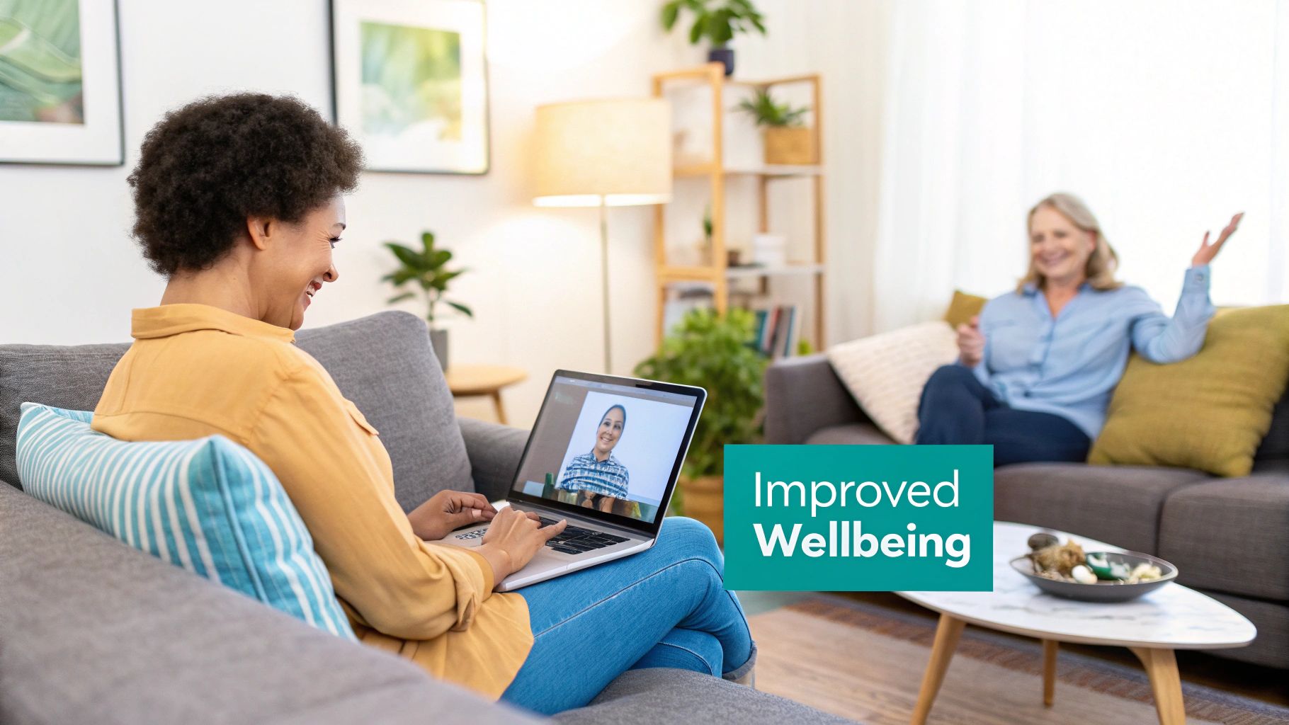 A person sitting comfortably at home participating in an online therapy session on their laptop.