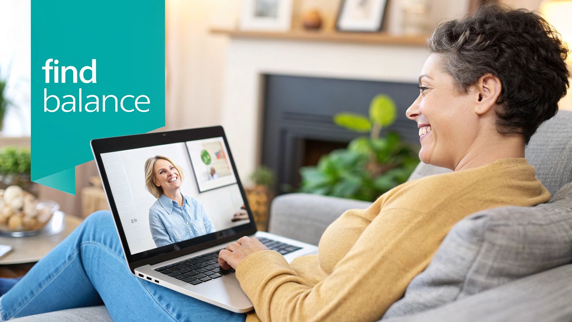 A person smiling while participating in a virtual mental health therapy session from a comfortable home setting.