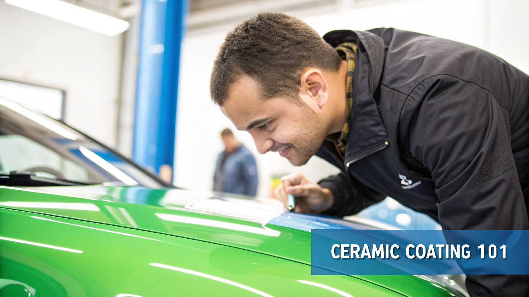 A sleek black car with a high-gloss ceramic coating finish being wiped down with a microfiber cloth.