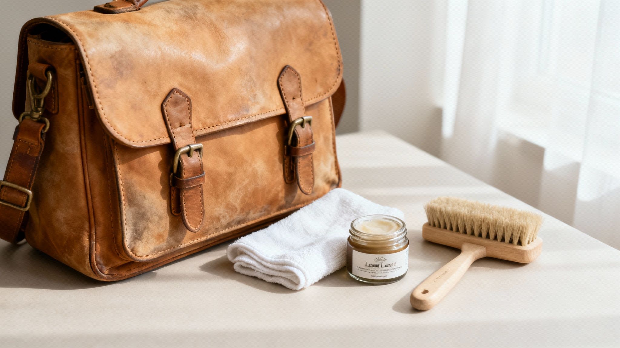 A woman gently cleaning a brown Italian leather handbag with a soft cloth