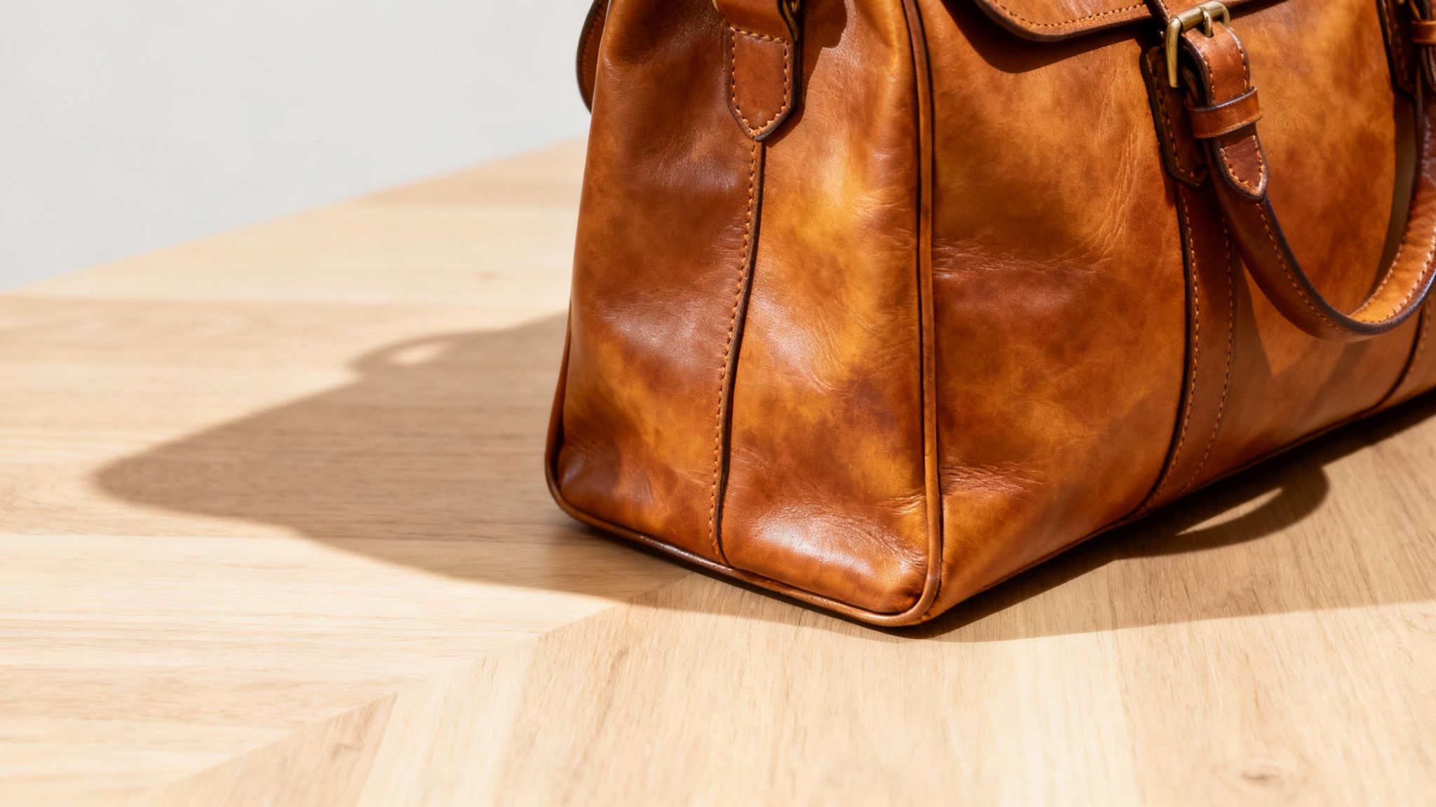A person conditioning a brown leather bag with a soft white cloth