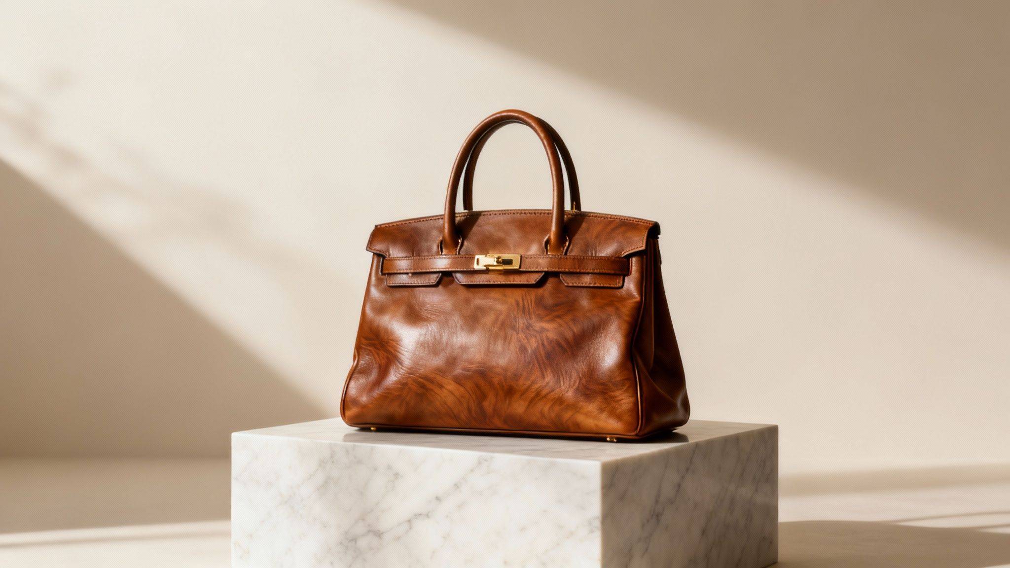 A stylish Italian leather bag placed on a rustic wooden table, showcasing its fine grain and craftsmanship