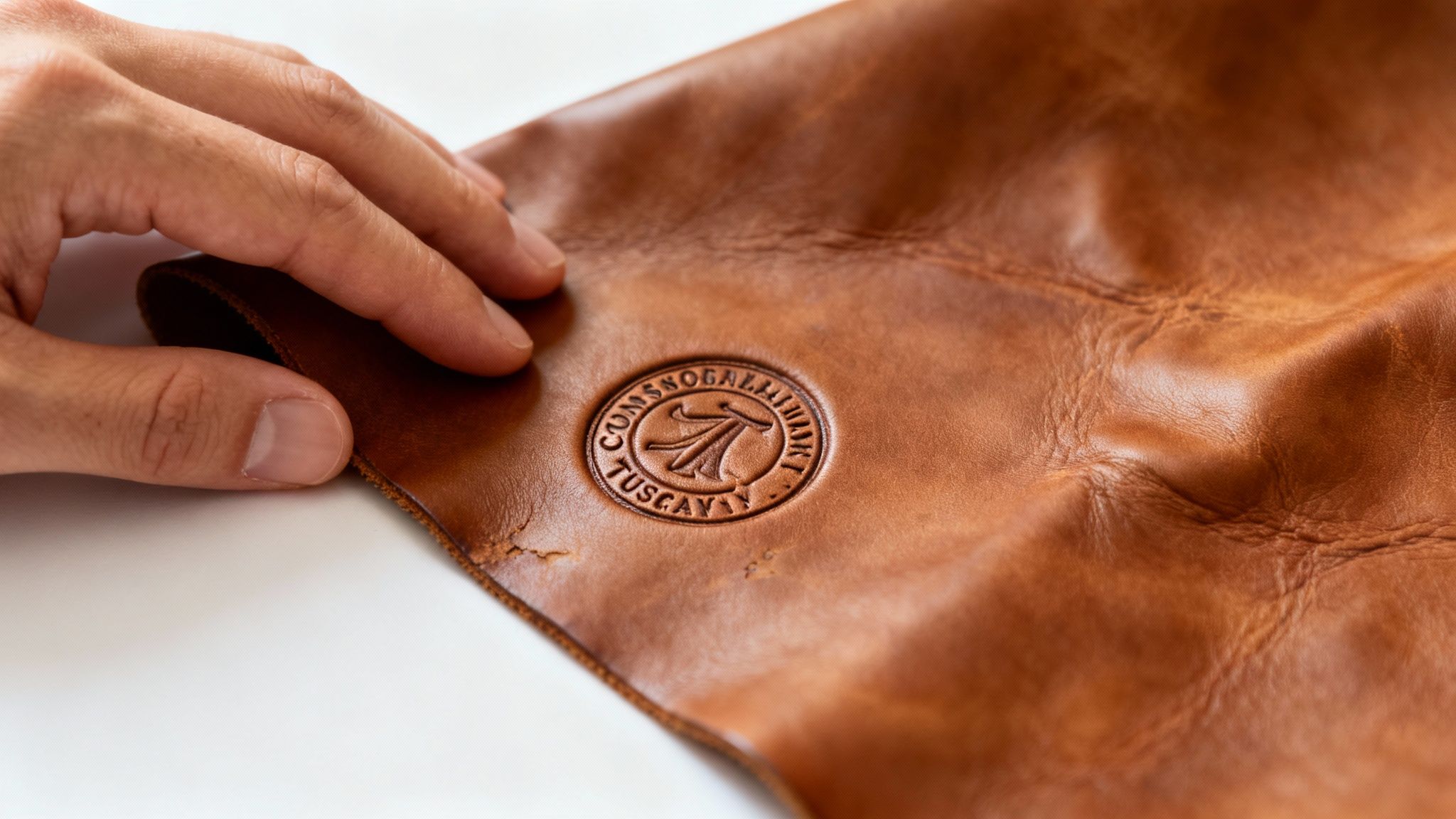 A close-up of a person examining the texture of a brown Tuscany leather bag
