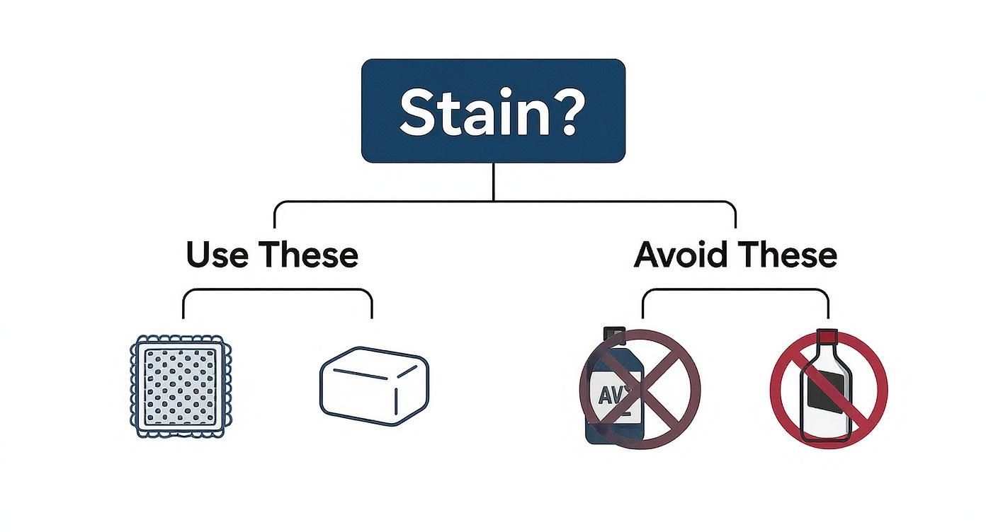Infographic decision tree for leather bag cleaning tools, showing what to use and what to avoid.