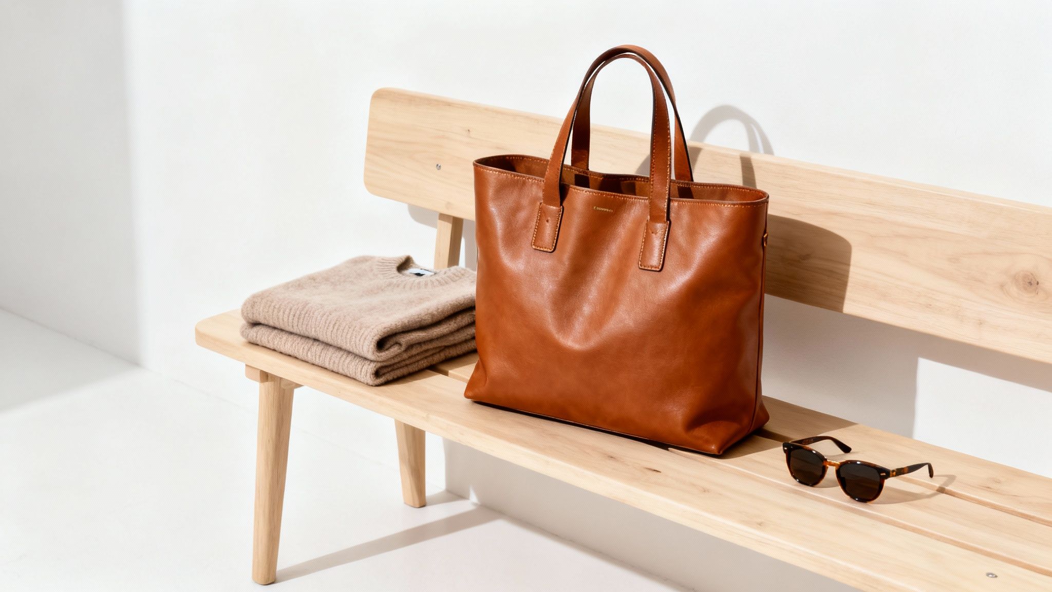 Brown Italian leather tote bag displayed on wooden bench with folded sweater and sunglasses