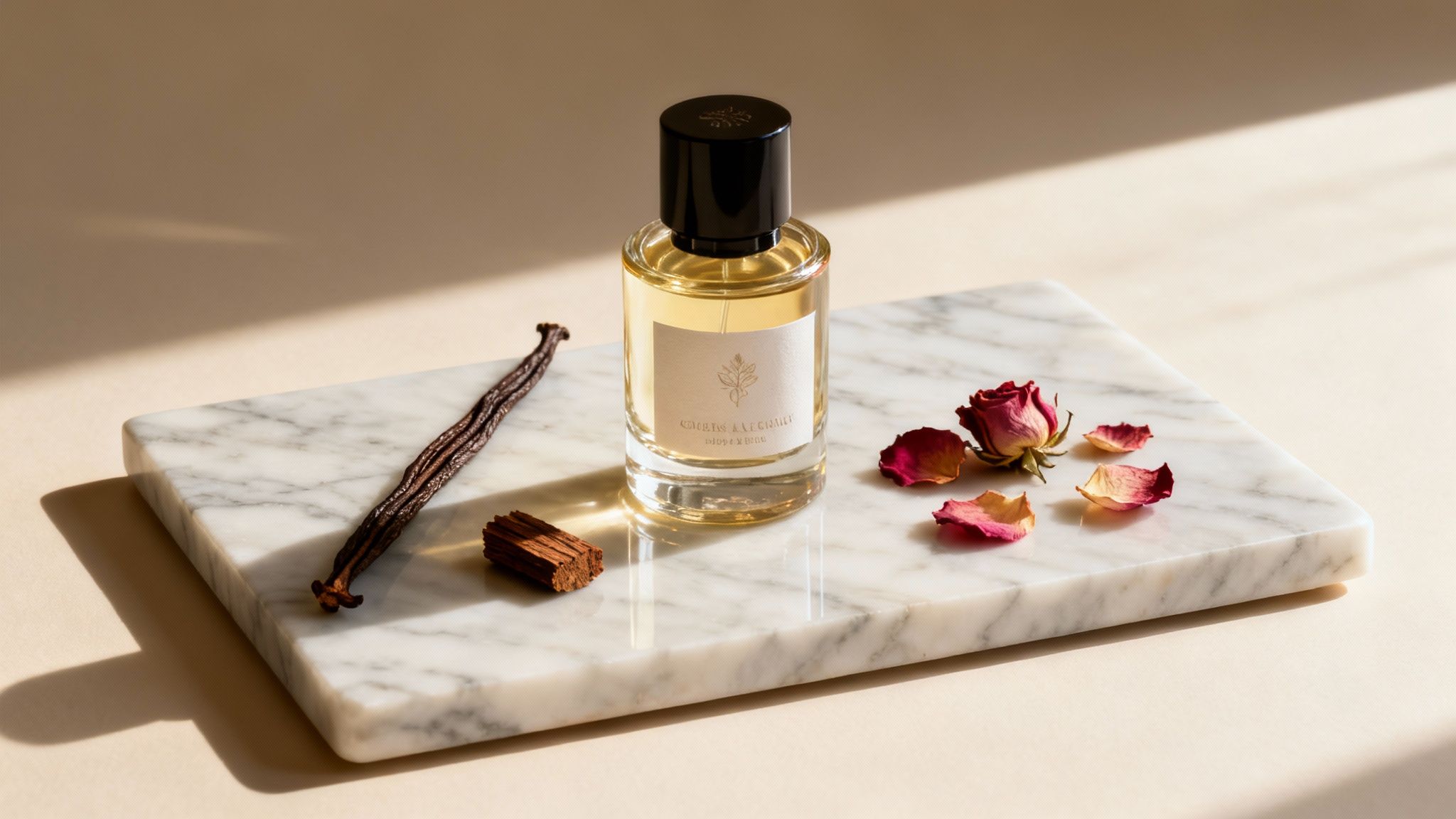 Two luxury perfume bottles on a decorative surface