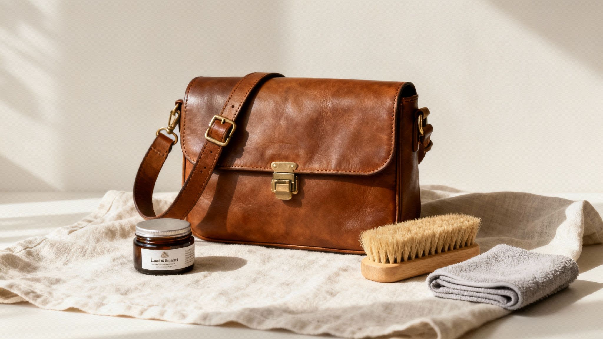 Brown Italian leather crossbody bag with care products including brush and conditioner on neutral fabric