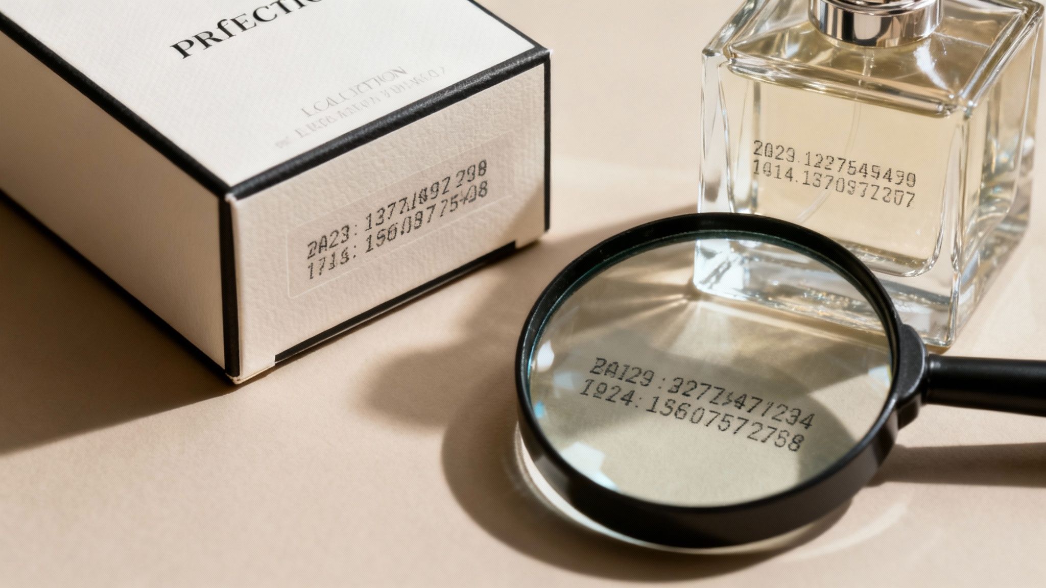 A close-up of a batch code printed on the bottom of a perfume box
