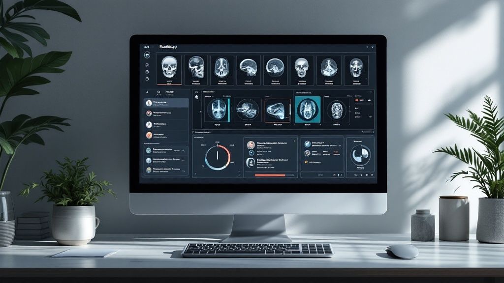 A radiologist examining a brain scan on a large screen