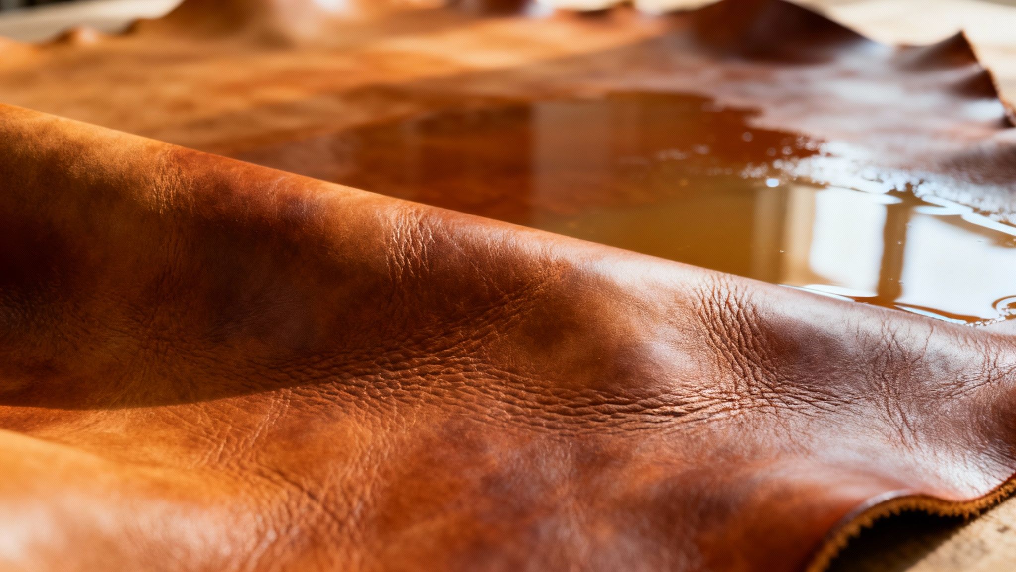 A close-up of the rich, textured surface of vegetable-tanned leather, showing its natural grain.