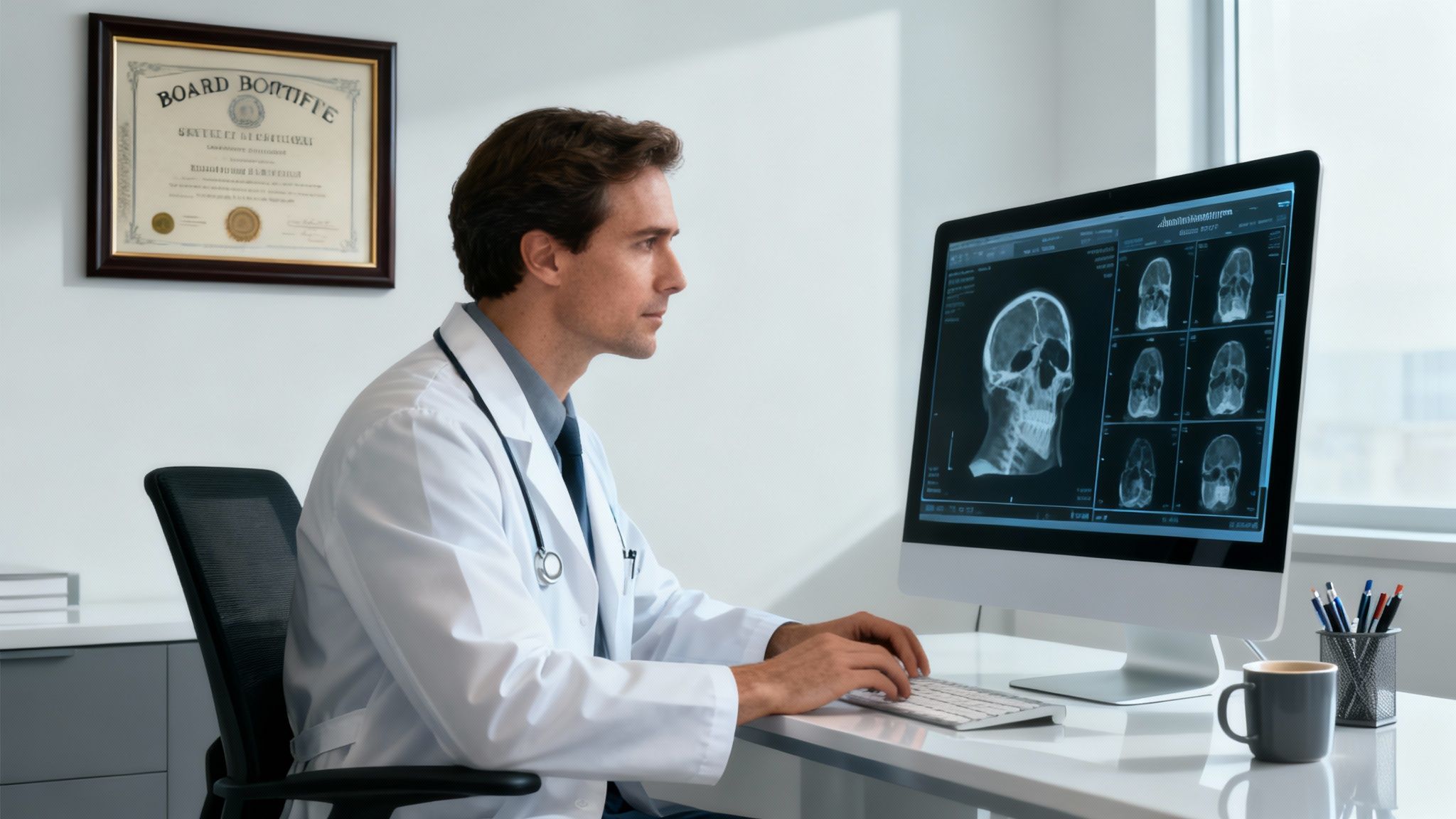 A focused image of a person reviewing digital credentials on a computer screen.