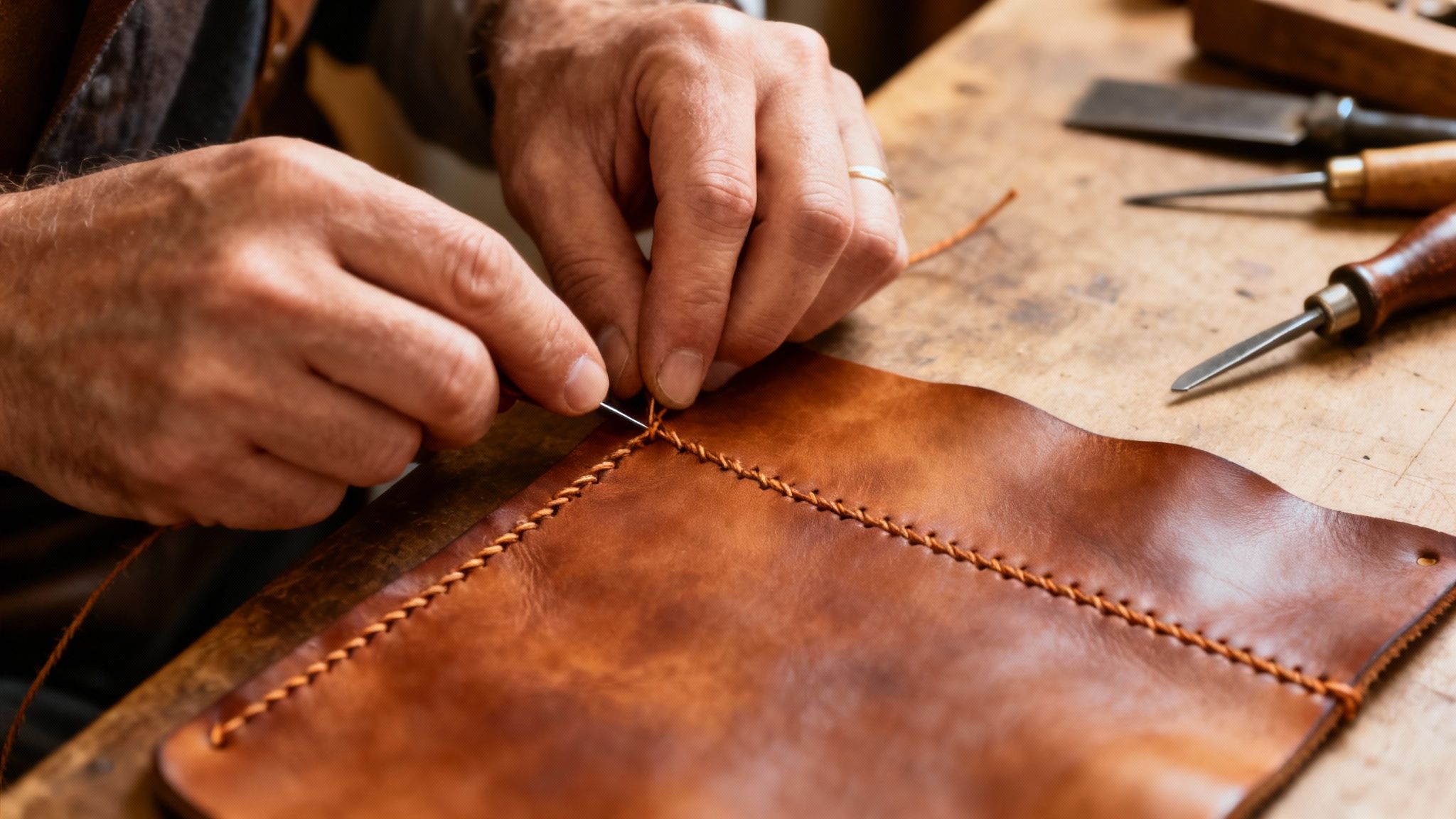 A close-up shot of the intricate stitching on a brown Tuscany leather bag, highlighting the quality craftsmanship.
