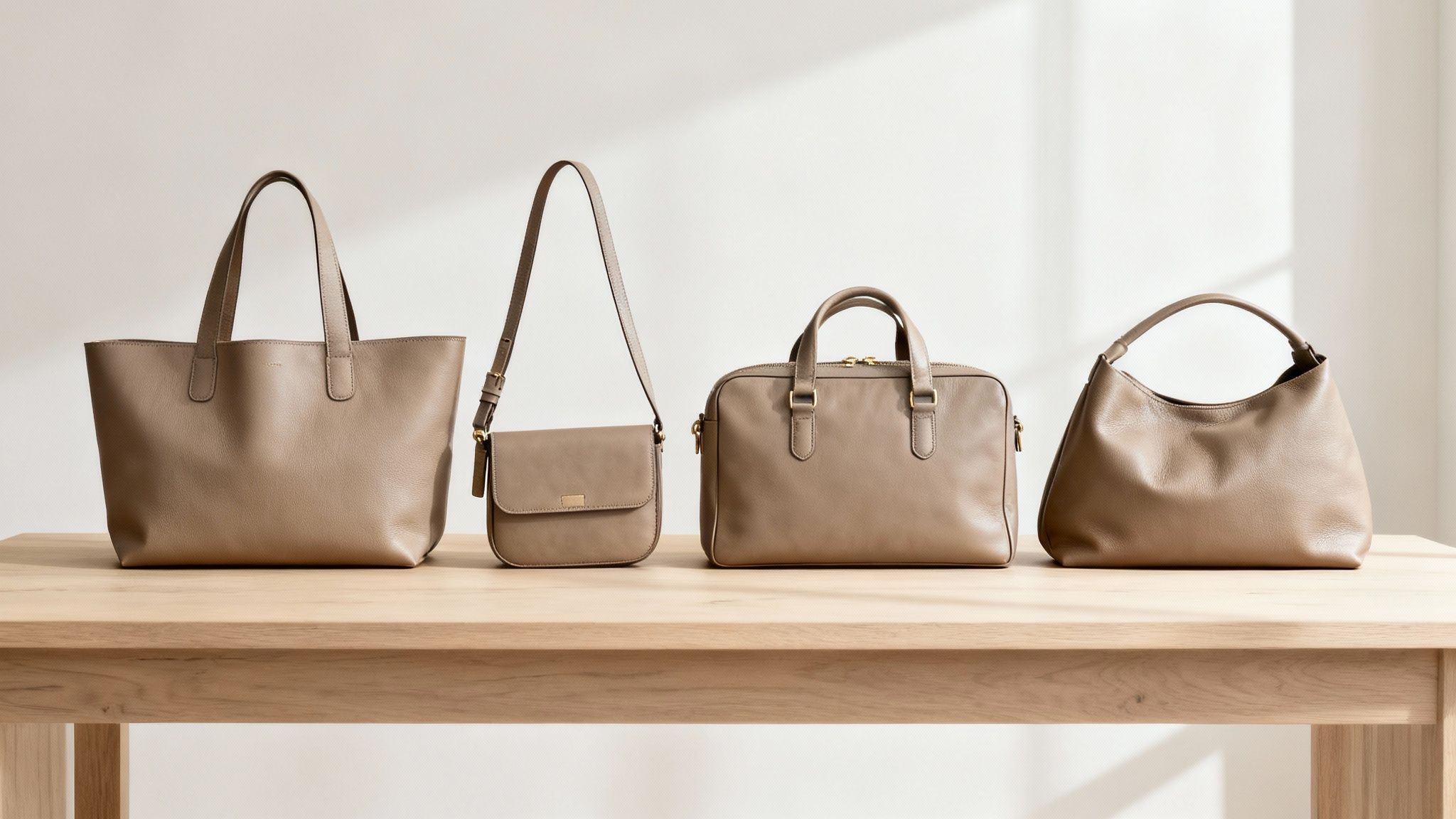 A woman holding a stylish Italian leather bag, showcasing its design and texture.