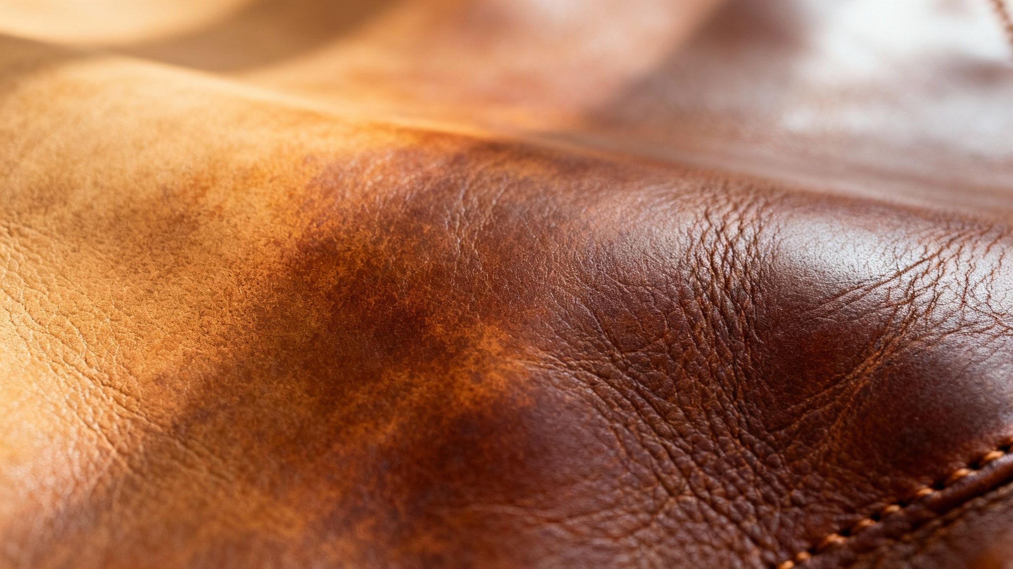 Close-up of the rich texture and grain of a brown vegetable-tanned leather handbag