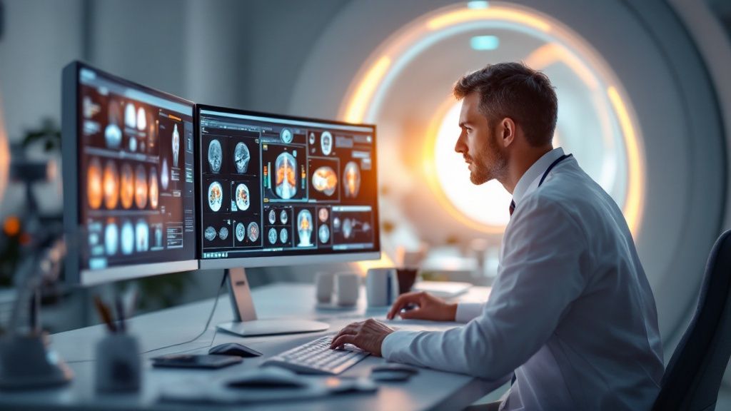 A team of radiologists collaborating in a modern medical office