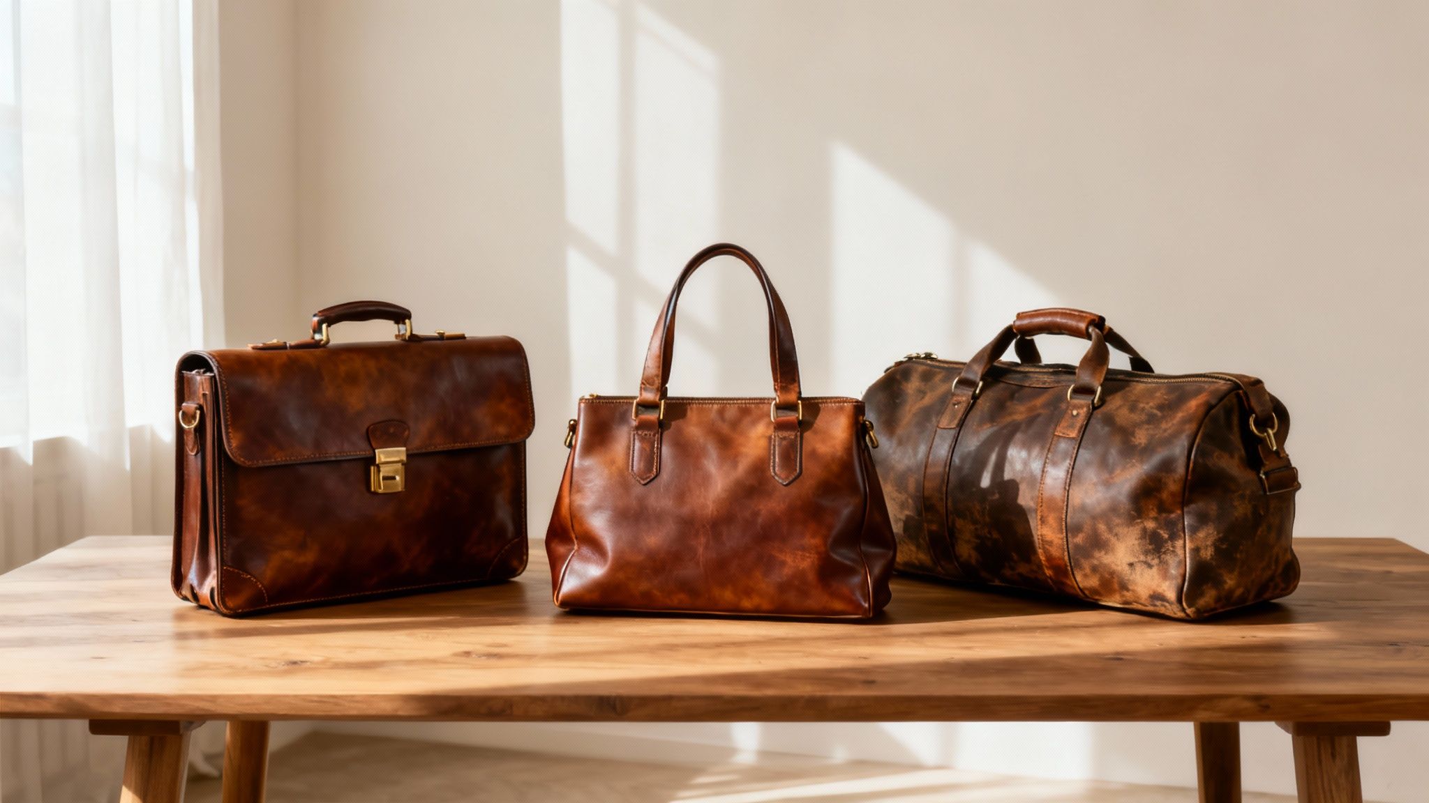 A stylish collection of Tuscany leather bags and accessories on display