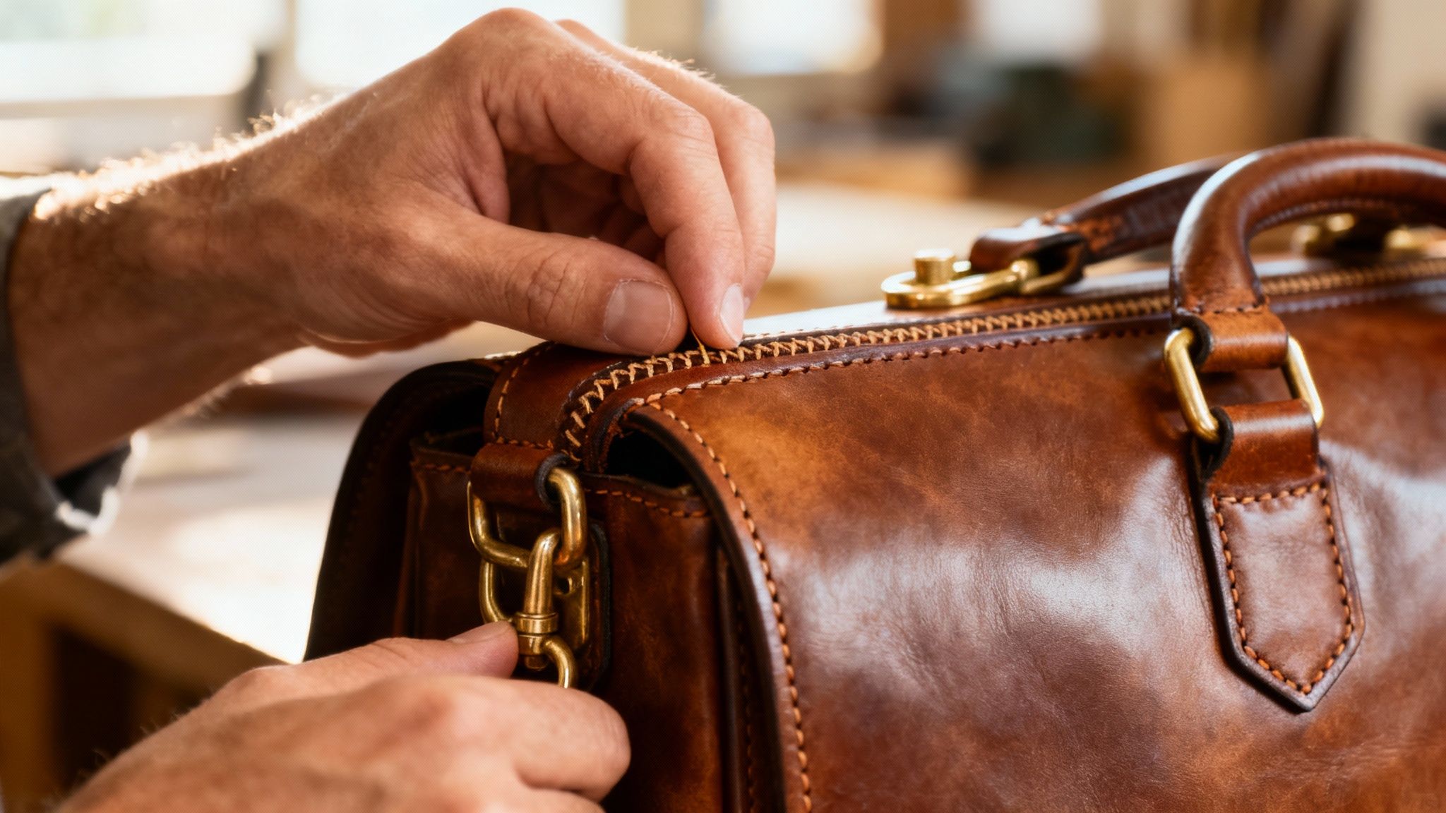 A close-up view of the detailed stitching and hardware on a high-quality Italian leather bag.