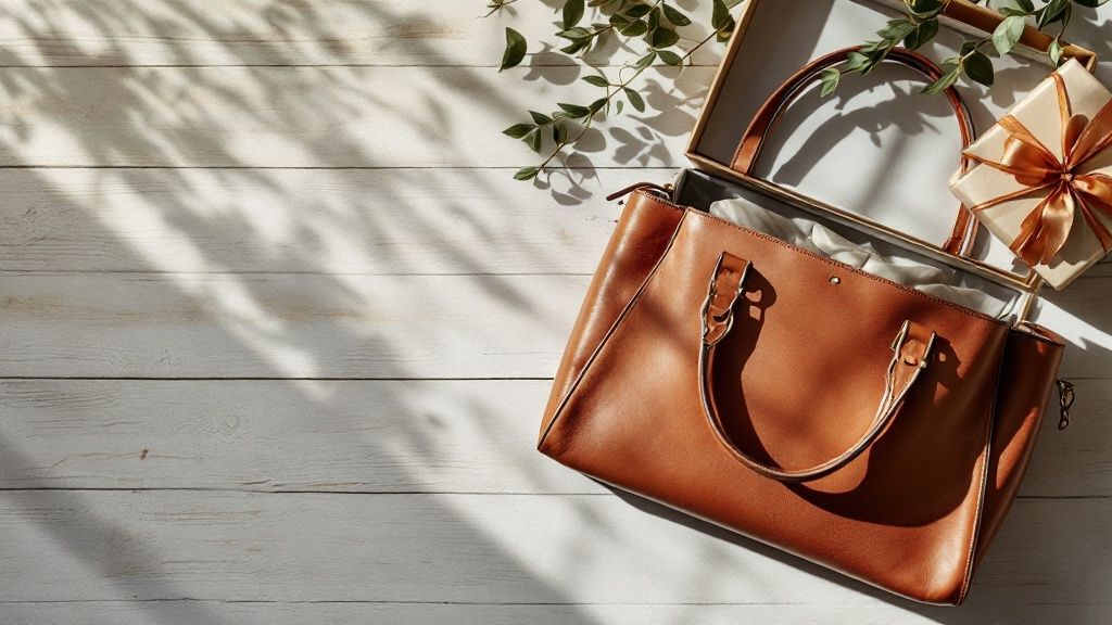 A close-up shot of a Tuscany leather handbag showing its fine grain and stitching