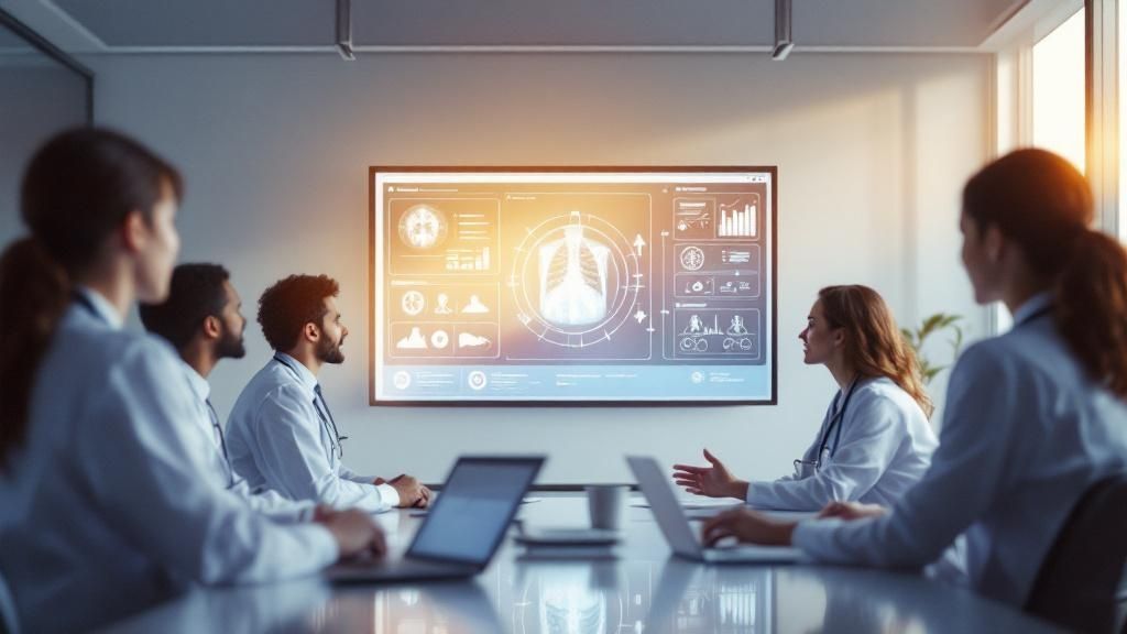 A group of medical professionals planning a strategy on a glass board