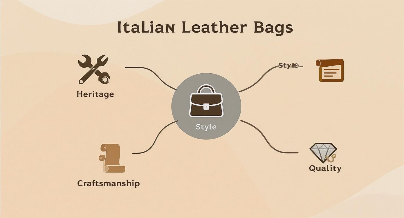 Italian leather bags infographic showing style at center connected to heritage, craftsmanship, quality, and design elements