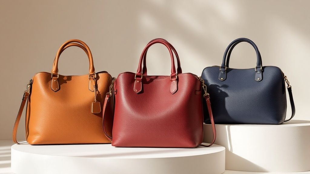 A person gently cleaning a brown leather handbag with a soft cloth