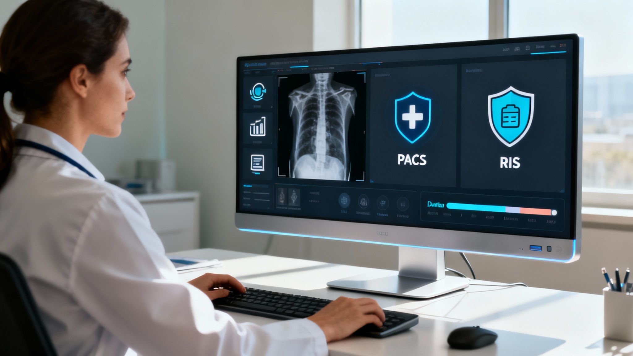 A person at a computer workstation with multiple screens showing medical imaging and data, illustrating system integration.