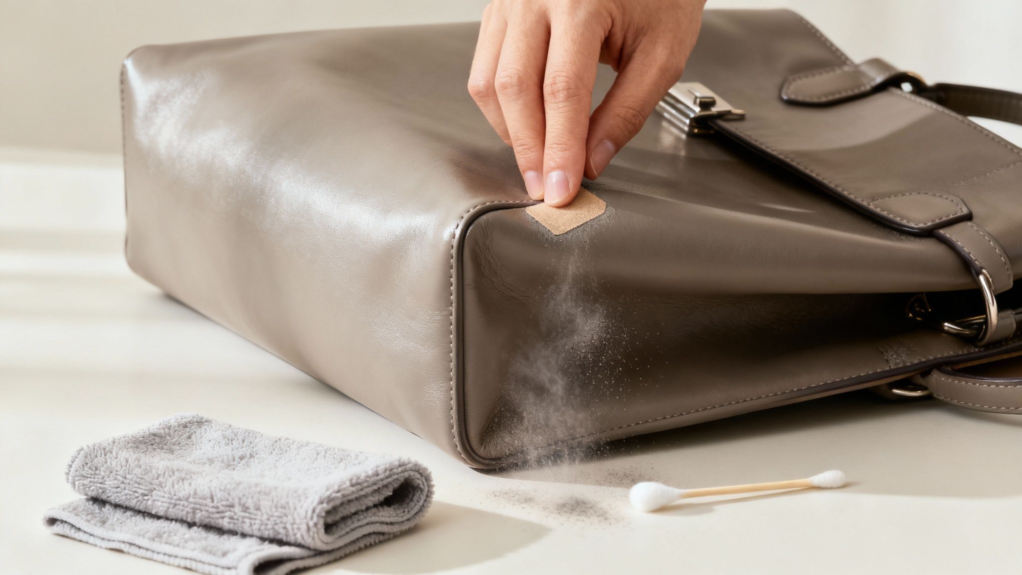A person gently cleaning a light-colored leather bag with a white cloth.