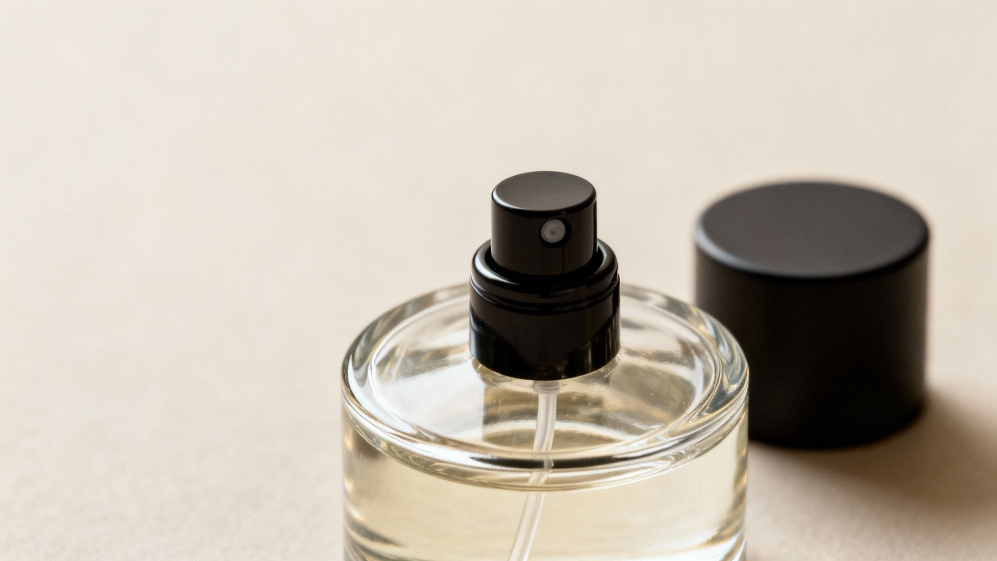 A close-up shot of a luxurious perfume bottle cap and sprayer