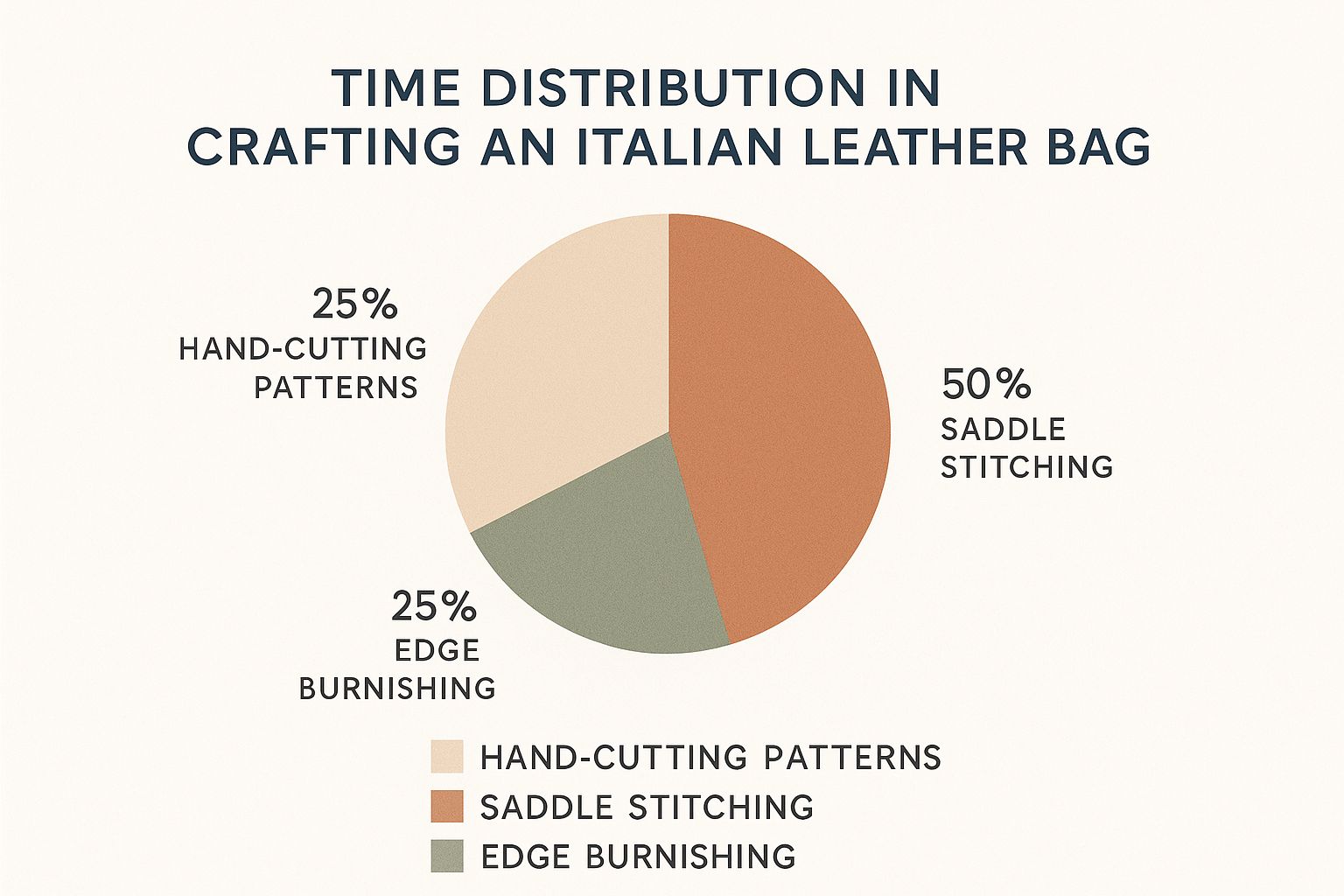 Infographic pie chart showing the time distribution in crafting a Tuscan leather handbag: 50% for saddle stitching, 25% for hand-cutting, and 25% for edge burnishing.