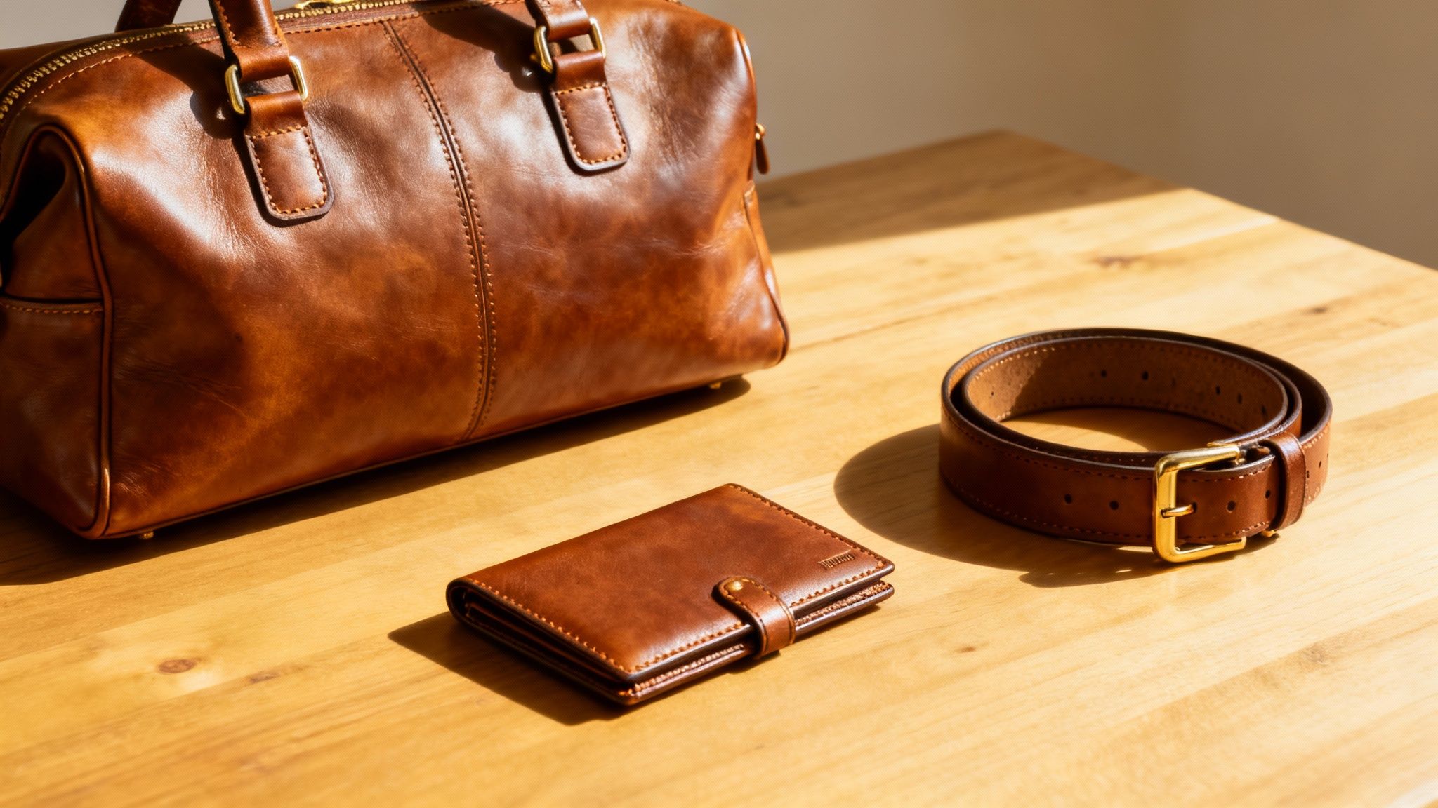 A collection of finely crafted Tuscany leather goods, including a handbag, briefcase, and wallet, arranged artfully.