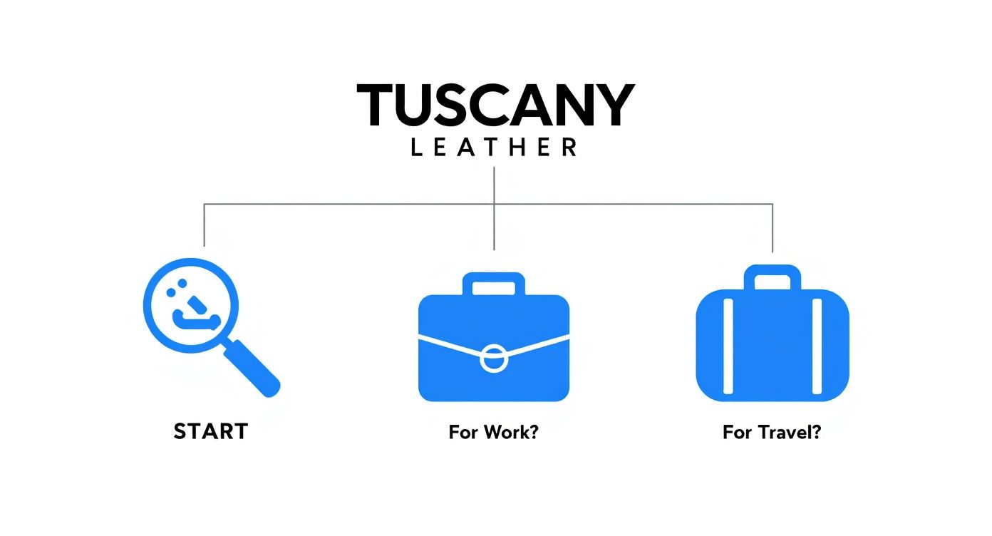 Infographic showing a decision tree for choosing a Tuscany Leather bag for work or travel.